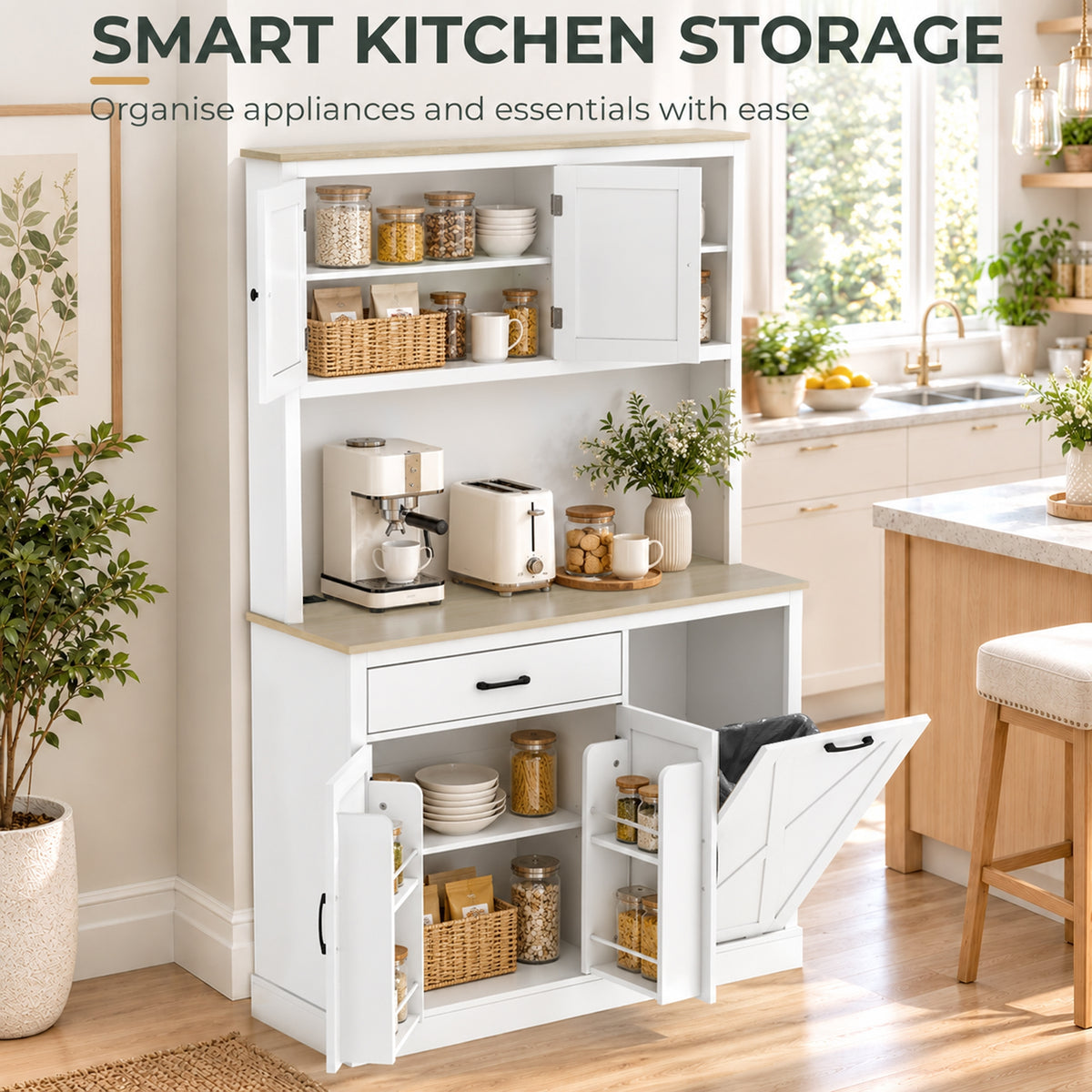 HOMCOM Pantry Cabinet with Charging Station, Microwave Stand, Rubbish Bin Cabinet, Adjustable Shelves, Barn Style Doors, White
