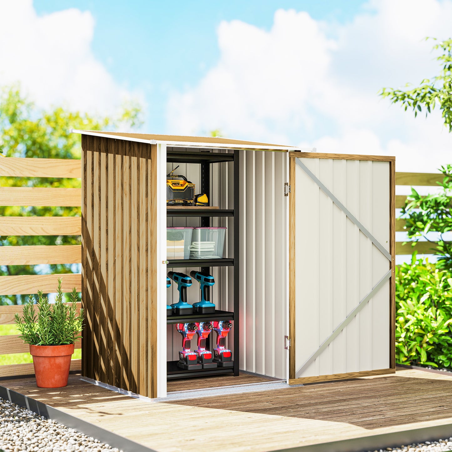 Outsunny 3.3 x 3.4ft Lean To Steel Garden Shed with Locking Door - Light Brown Wood Effect/White