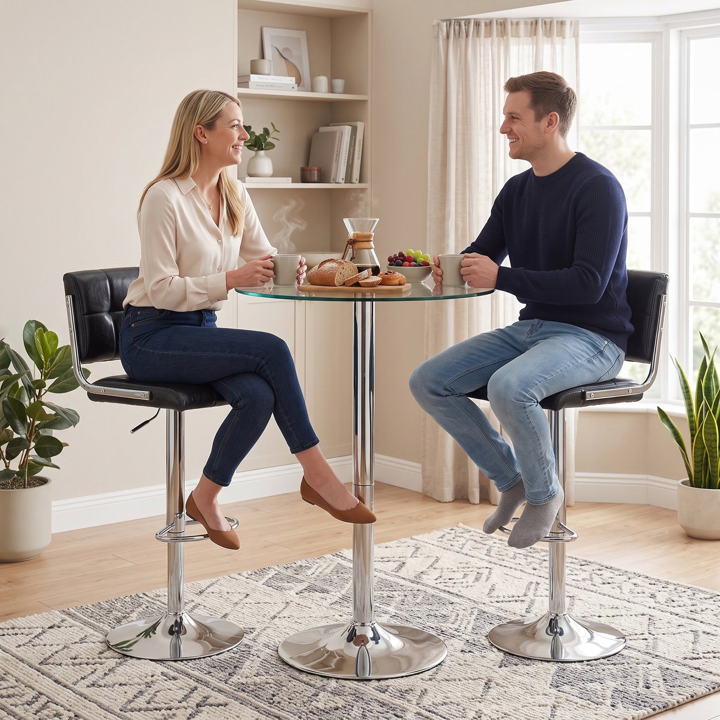 HOMCOM Bar Stools Modern PU Leather Adjustable Breakfast Bar Stools Backrest Set of 2 Black