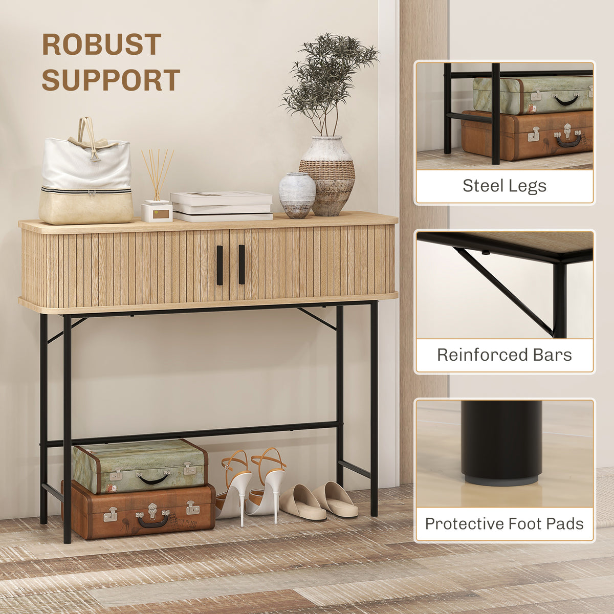 HOMCOM Console Table 2-Compartment Storage Hallway Table Steel Frame for Entryway Living Room 100 cm Oak Tone Black