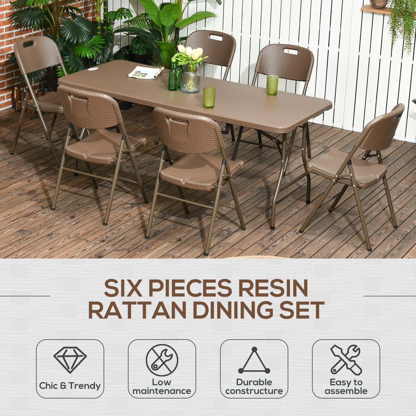 Outsunny 6 Seater Garden Dining Set, Rattan-Style HDPE Garden Furniture Set, Outdoor Dining Table and Chairs with 6 Armchairs and Rectangular Plastic Top Table for Patio, Balcony, Dark Brown