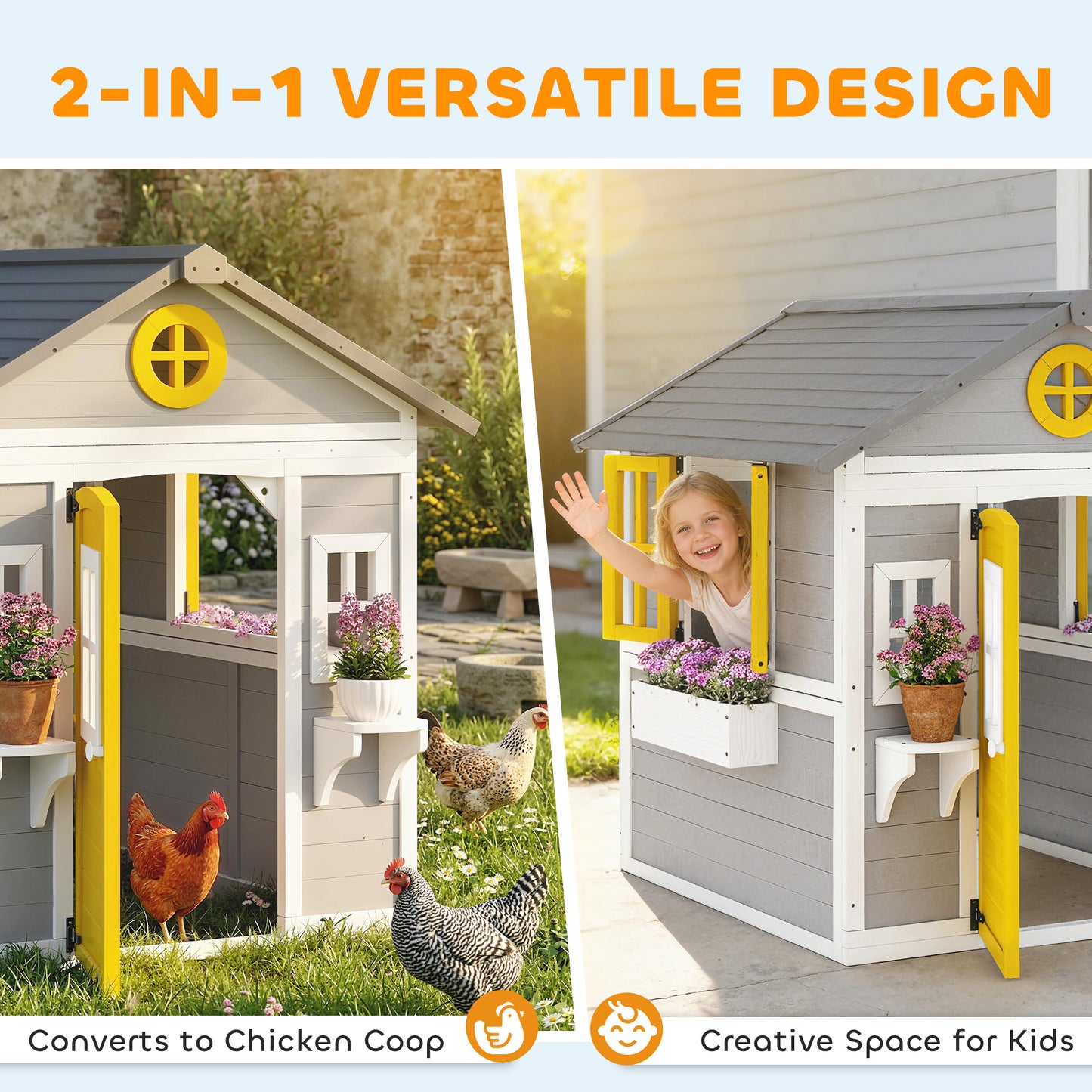 Outsunny Wooden Playhouse with Doors, Windows, Plant Pots, Boxes, for 3-8 Years - Grey