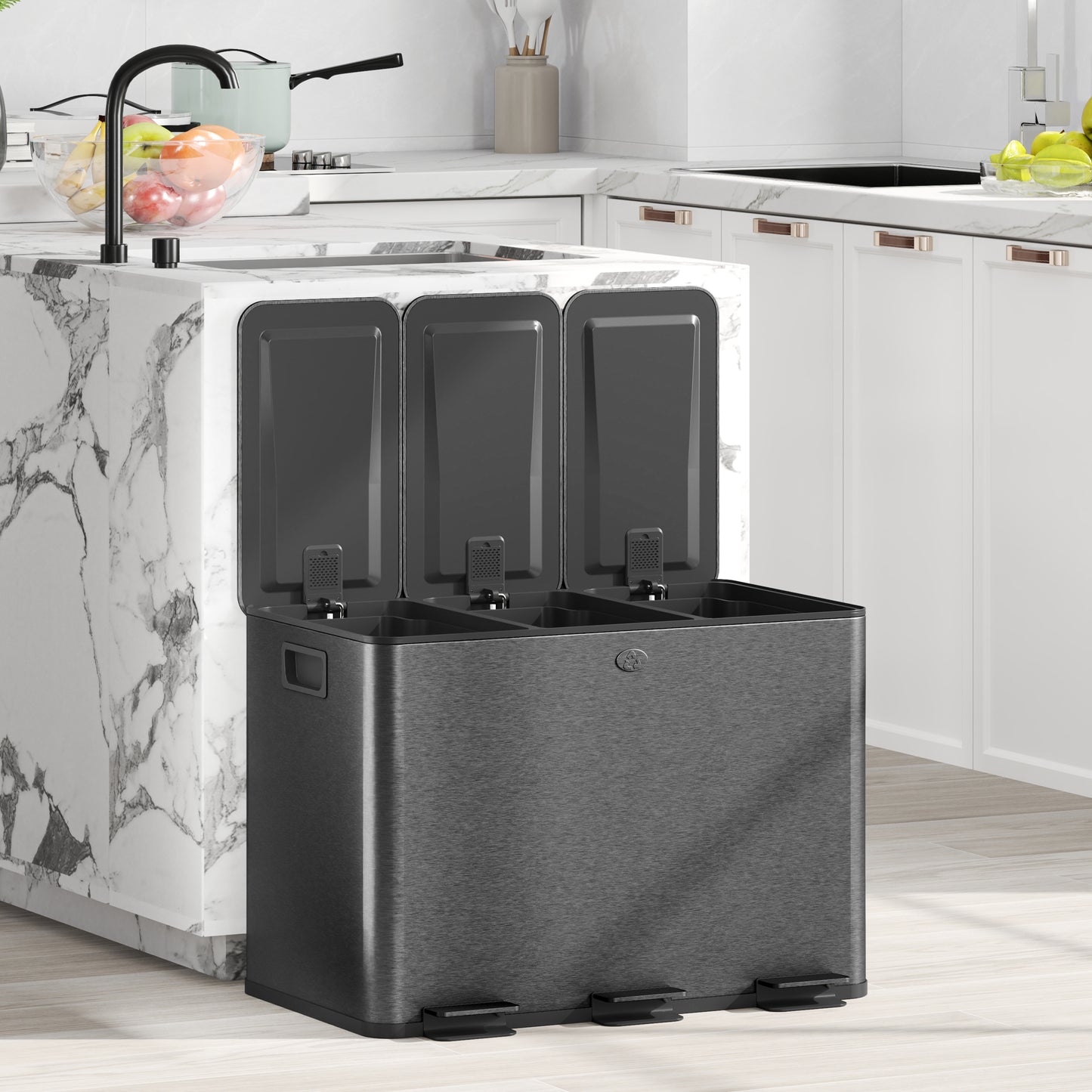 HOMCOM 3 x 20L Pedal Bin, Steel Triple Kitchen Bin with Soft Close Lid, Removable Inner Buckets, Fingerprint-Proof, Black