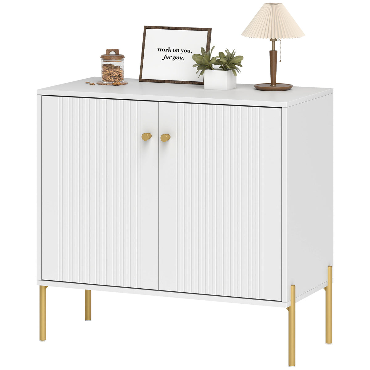 HOMCOM Modern Sideboard Cabinet with Fluted Doors, Kitchen Storage Cabinet with Adjustable Shelf and Steel Legs, White