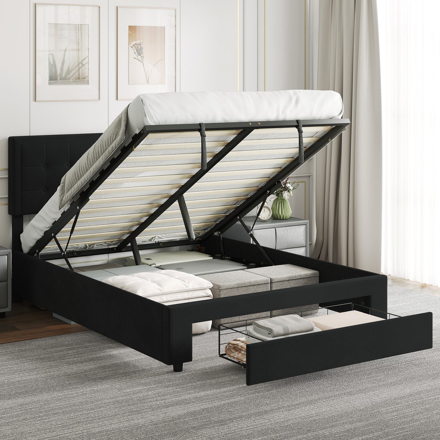 HOMCOM 4ft6 Double Ottoman Bed Frame, with Front Drawer - Black