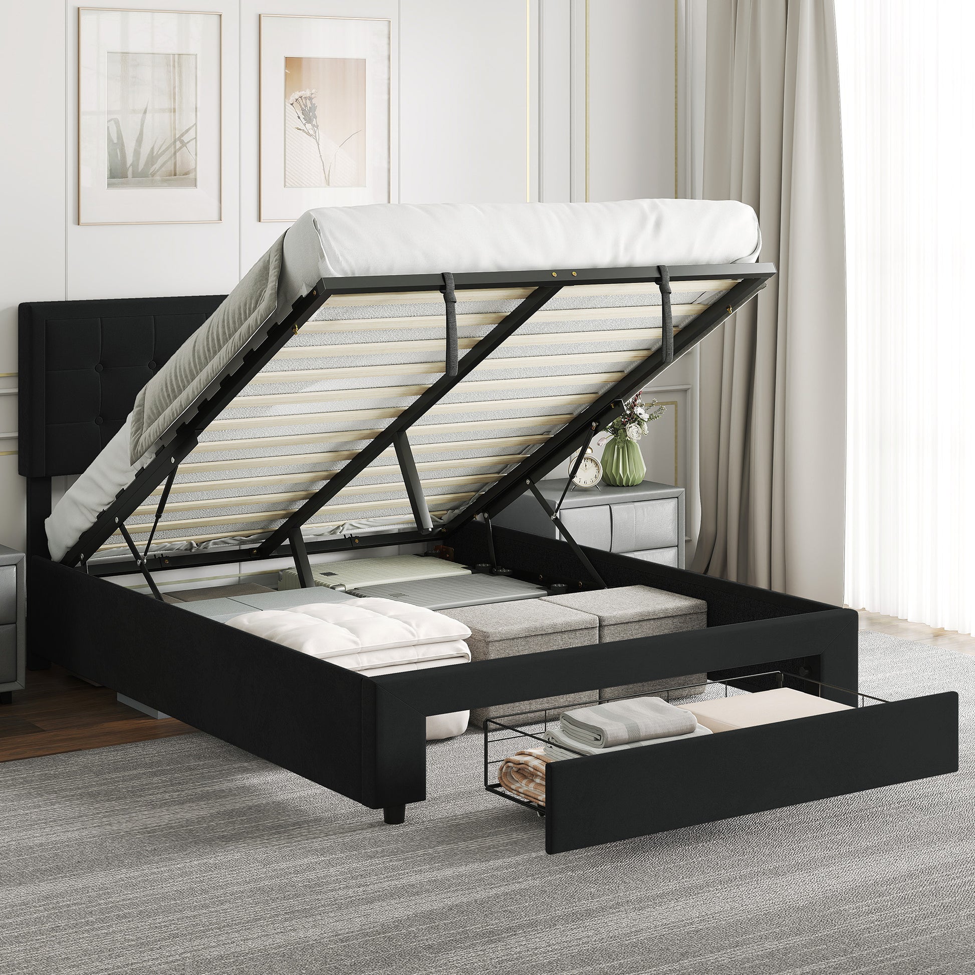 HOMCOM 4ft6 Double Ottoman Bed Frame, with Front Drawer - Black