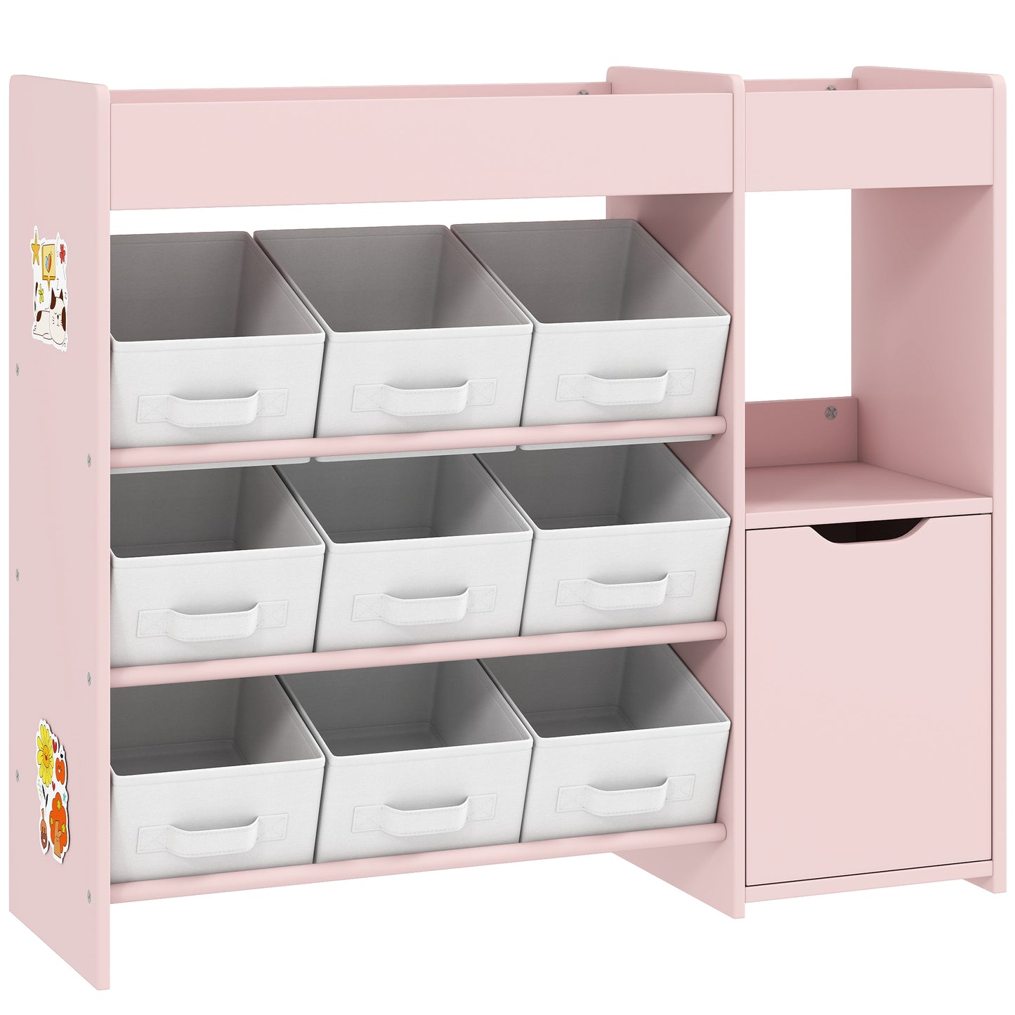 AIYAPLAY Kids Toy Storage, 9 Removable Fabric Bins, Wooden Toy Storage Units for Toys and Books for Bedroom, Nursery, Pink
