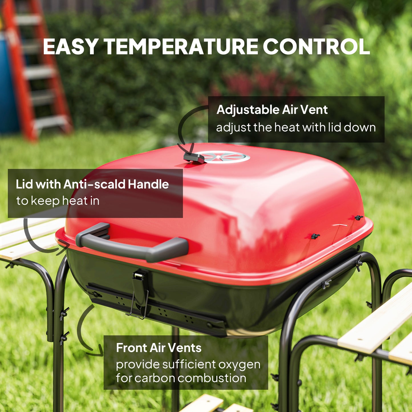 Outsunny Charcoal Barbecue Grill Portable BBQ Grill with 1840 cmÂ² Cooking Area, 3 Shelves, Adjustable Vent, Lockable Lid, Wheels for Outdoor Cooking, Garden Party, Red