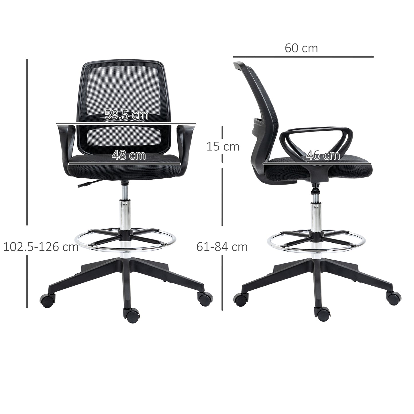 Vinsetto Ergonomic Mesh Back Drafting Chair, Tall Office Chair, Draughtsman Chair with Adjustable Height and Footrest 360Â° Swivel, Set of 5