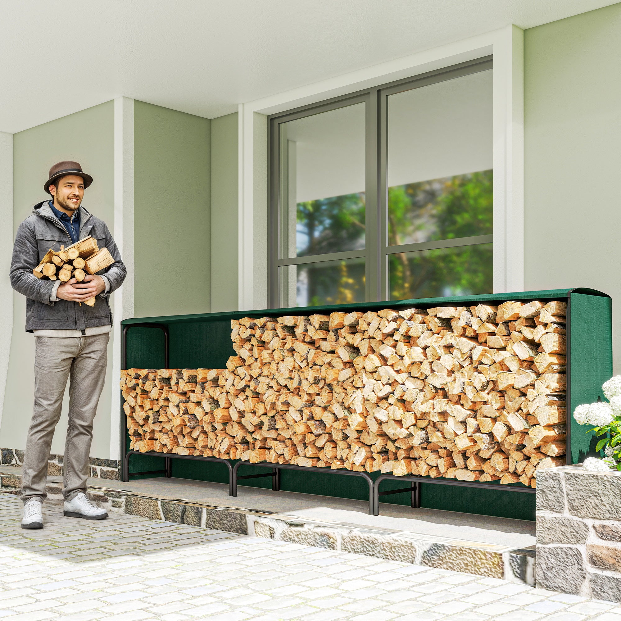 Liam Rack Outsunny Firewood Rack with Waterproof Cover, Heavy Duty Metal Log Sto ...