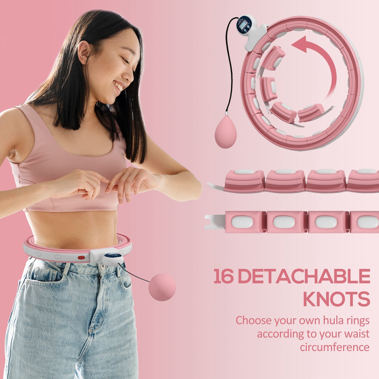 SPORTNOW Smart Weighted Hula Hoop, Massage Hula Ring w/ 16 Detachable Knots, 360Â° Auto-Rotating Ball, Digital Counter, Pink