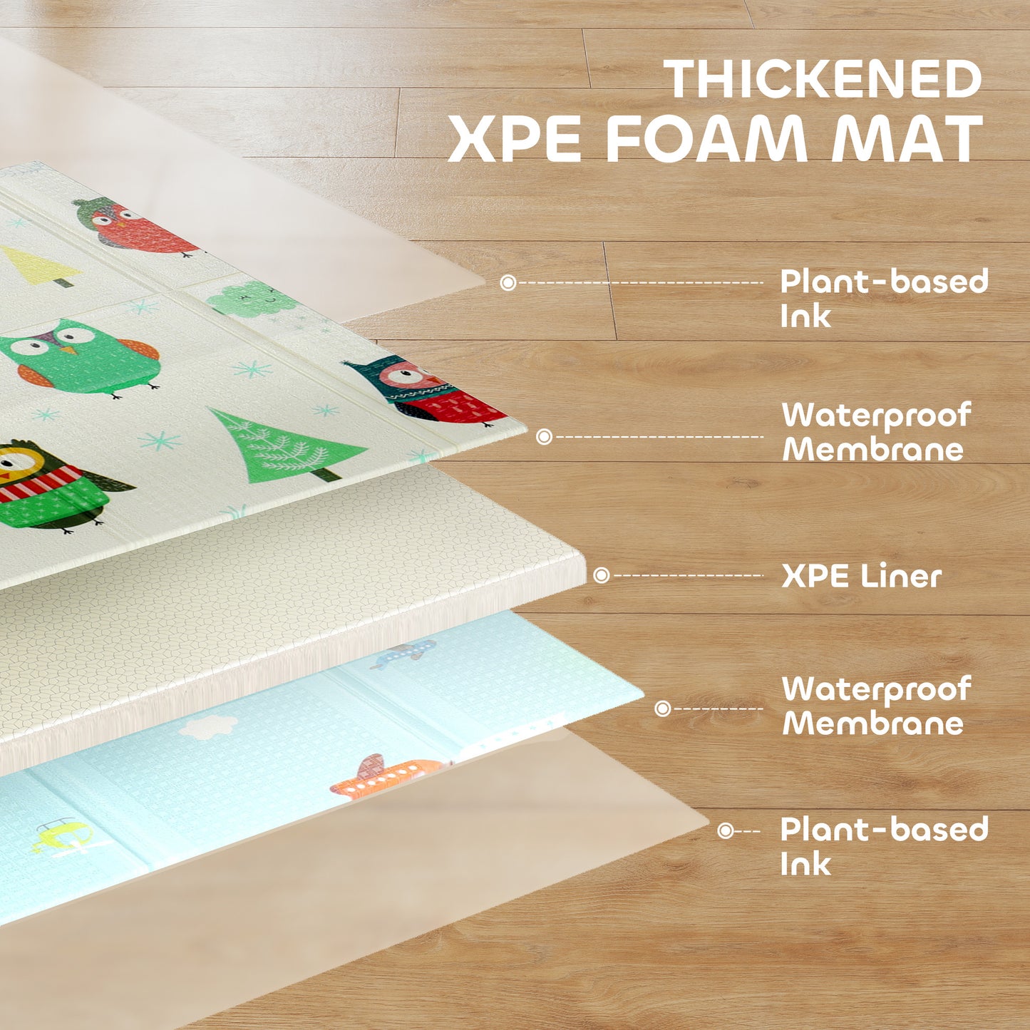 AIYAPLAY Foldable Baby Plat Mat Double Sided, Kids Floor Mat for Crawling, 195.5L x 147.5W cm, Car track and Owl Theme