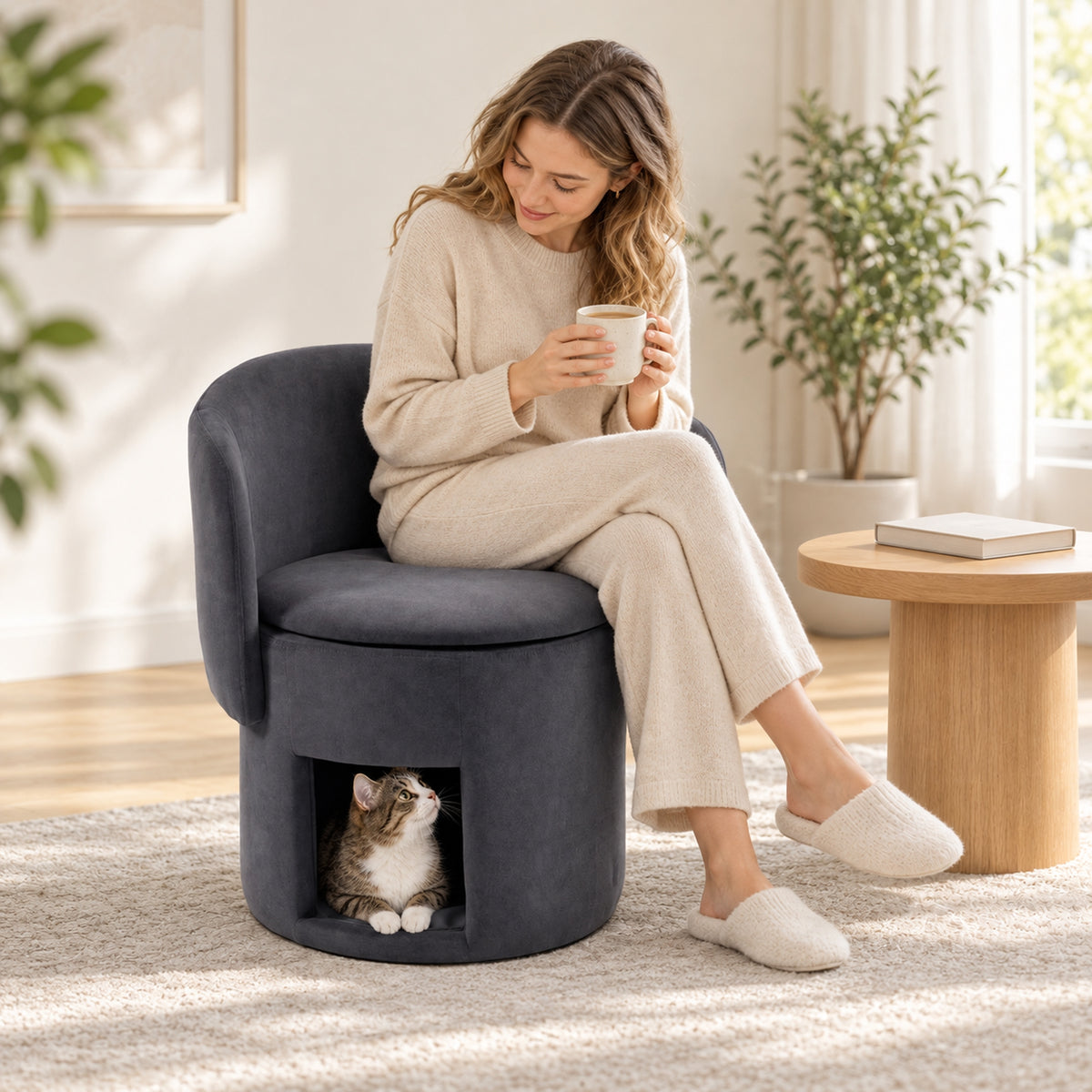 HOMCOM Cat-Scratch Fabric Upholstered Accent Chair with Cat Condo, Fold-Down Backrest, Lift-Up Seat Lid for Bedroom, Dark Grey