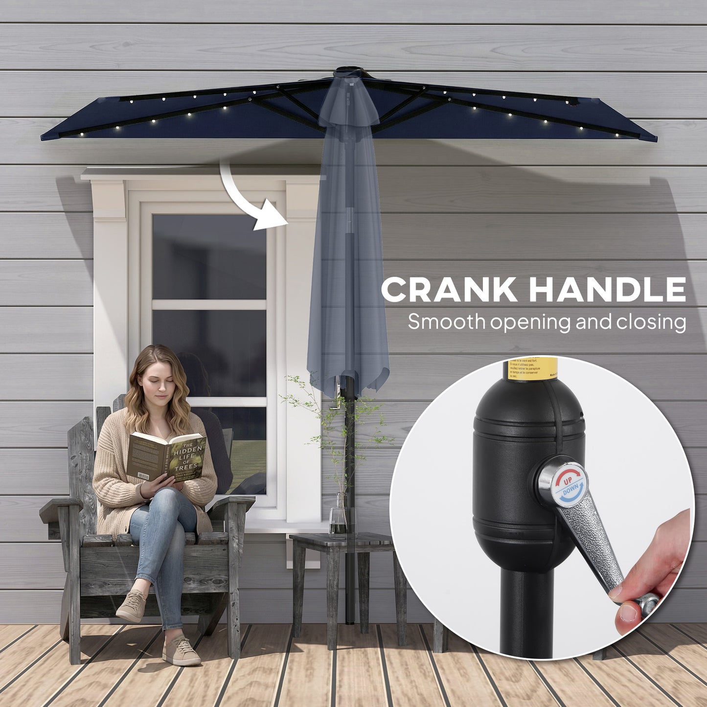 Outsunny 2.6 m Half Garden Parasol with Solar LED Lights, UPF50+ Semi Round Umbrella with 30Â° Tilt, Crank Handle, Dark Blue