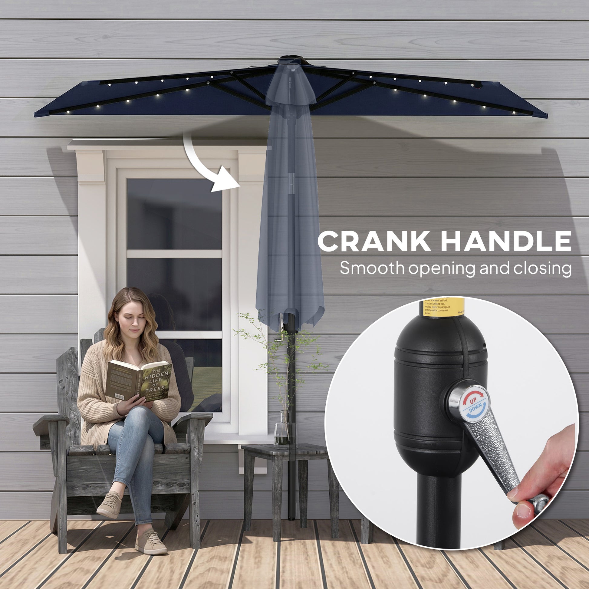Outsunny 2.6 m Half Garden Parasol with Solar LED Lights, UPF50+ Semi Round Umbrella with 30Â° Tilt, Crank Handle, Dark Blue