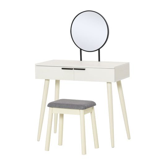 HOMCOM Modern Dressing Table with Round Mirror and Stool, Makeup Vanity Table with 2 Drawers for Bedroom, Living Room, 80 x 40 x 123 cm, White