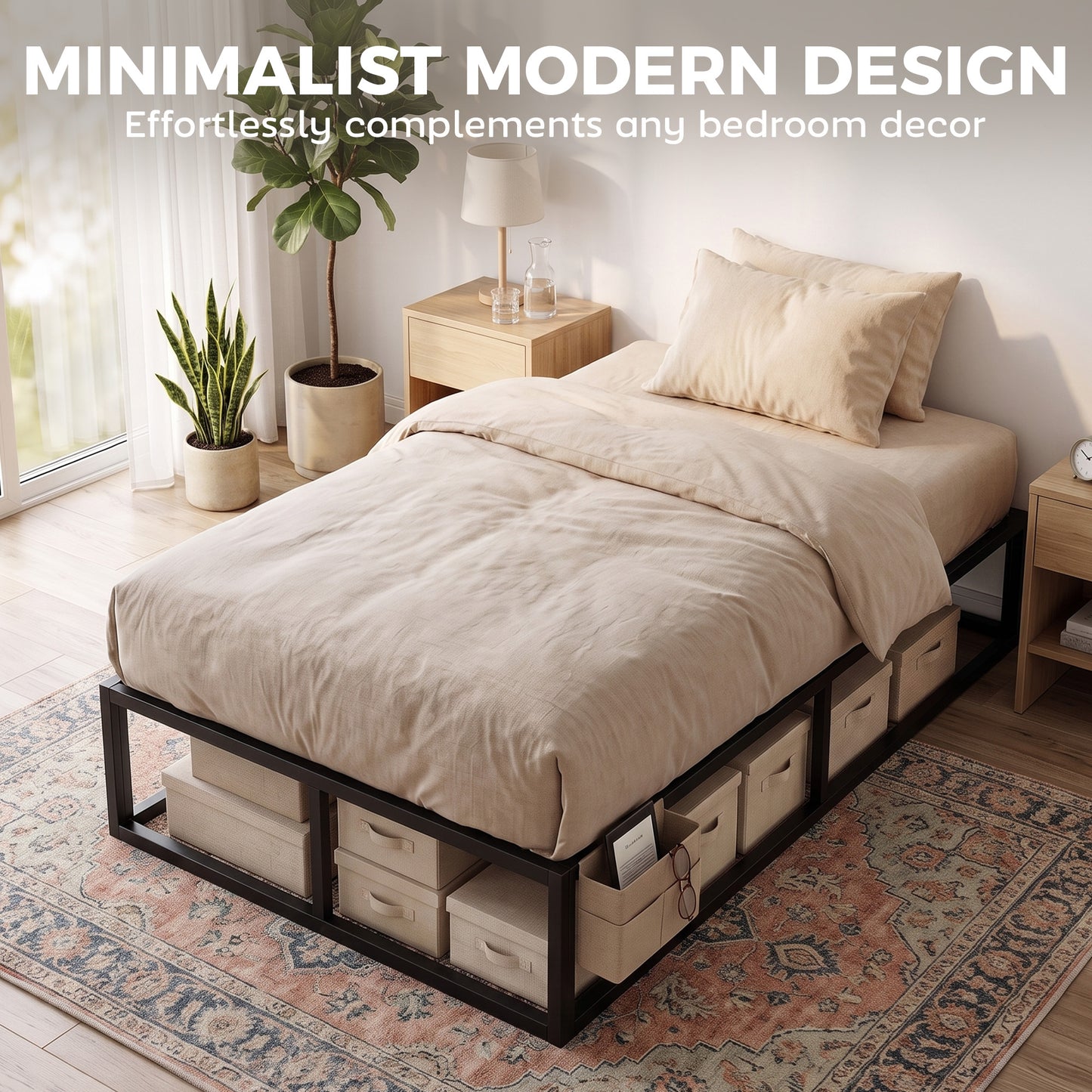 HOMCOM 12 Slats Metal Platform Bed Frame, 3ft Single Bed Frame with Storage Bag and Anti-Slip Pads, Black