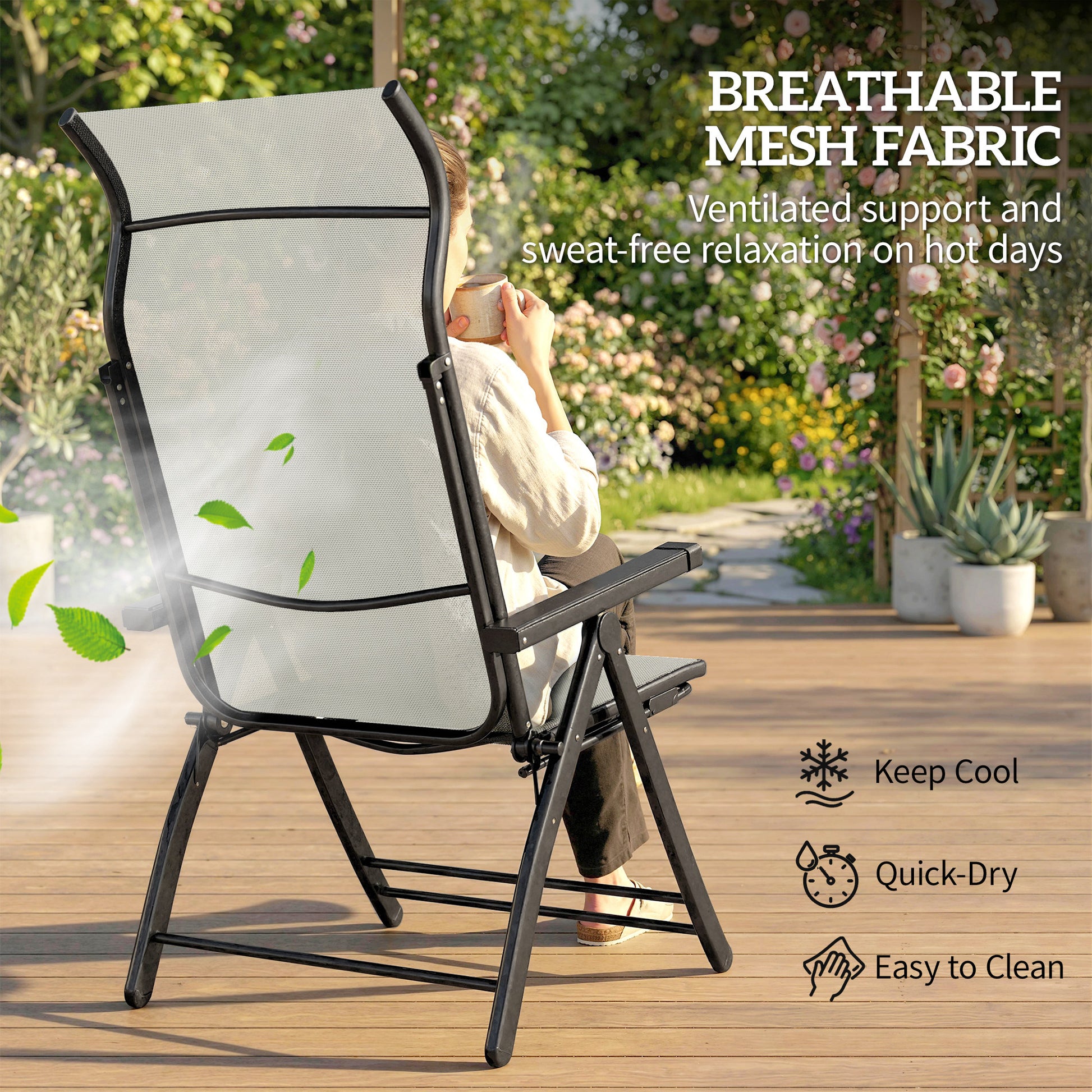 Outsunny Reclining Garden Chairs Set of 2, 5-Position Folding Sun Loungers with High Back, Retractable Footrest, Light Grey