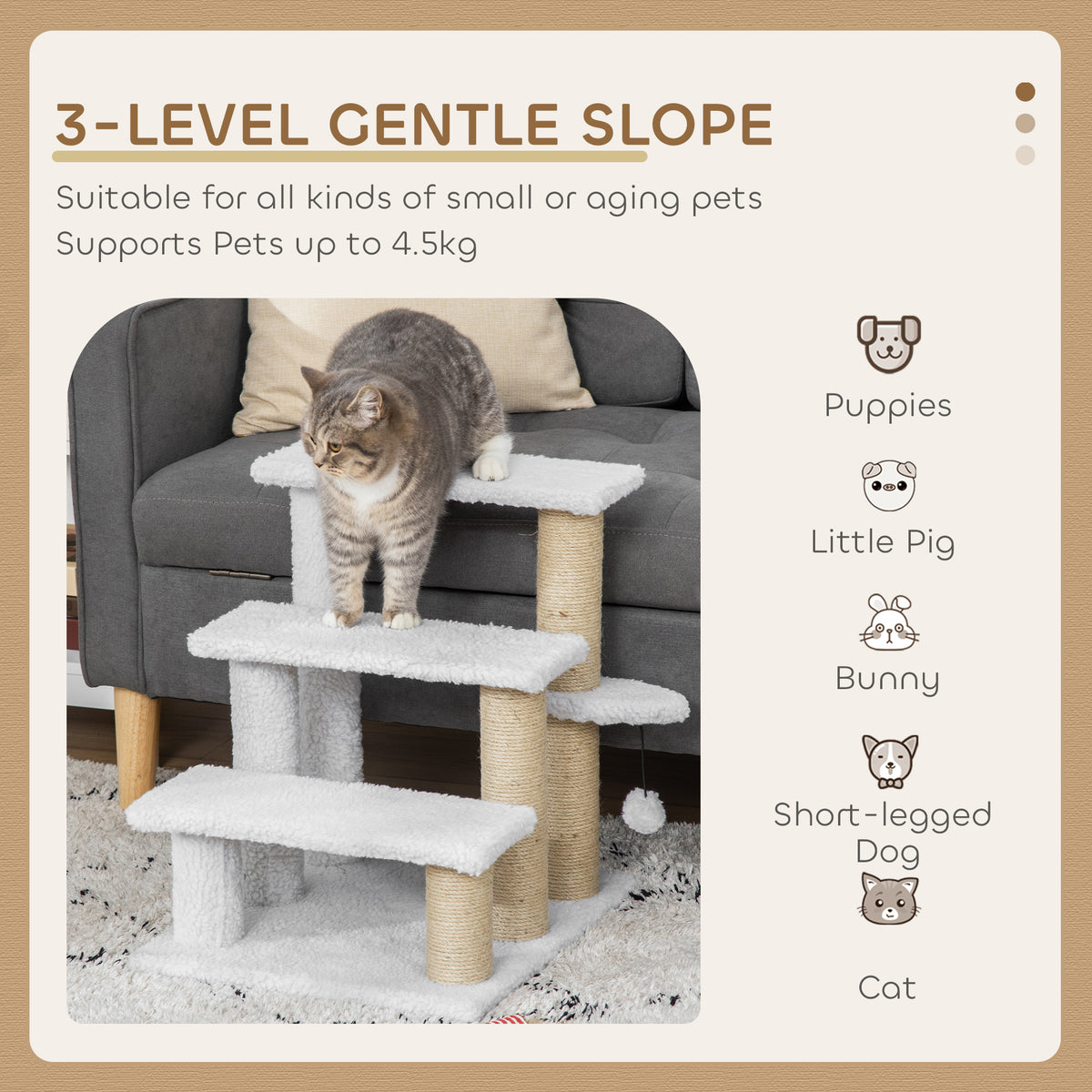 PawHut Pet Stair with 3-step Climb Ladder, Scratching Posts, Platforms, Toy Ball, for Indoor Elderly Cats Kittens, White