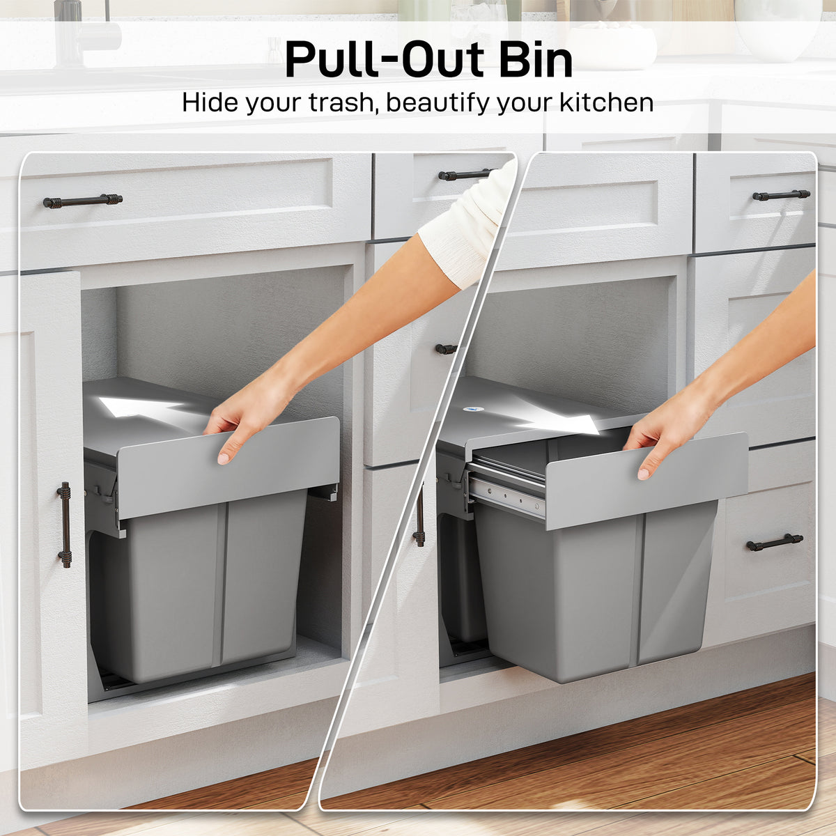 HOMCOM Pull Out Bin, Under Sink Bin - 3 Removable Compartments (15L + 2 x 8L) for 400mm Cabinets, Light Grey