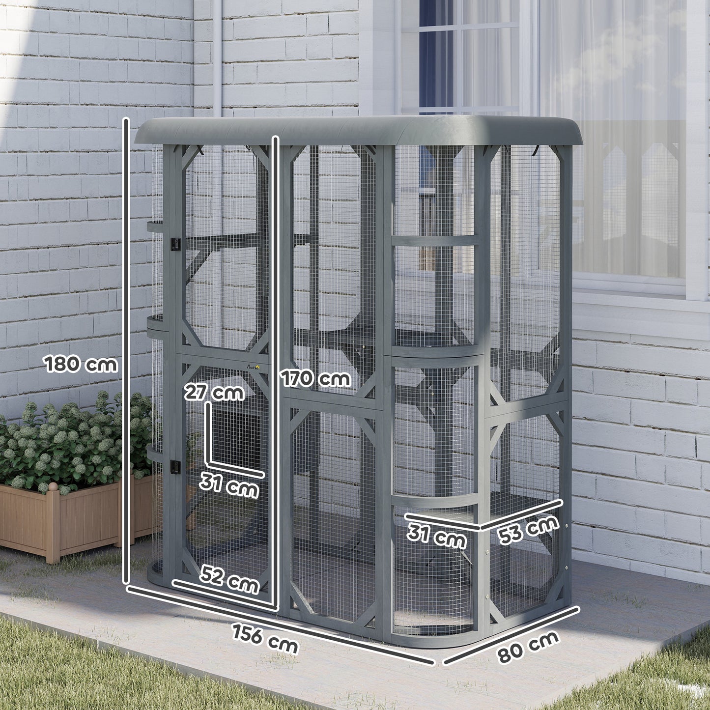 PawHut Catio Outdoor Cat Enclosure,  Wooden Cat House with Platforms, Condo and Waterproof Cover for 2â€“3 Kittens, Grey