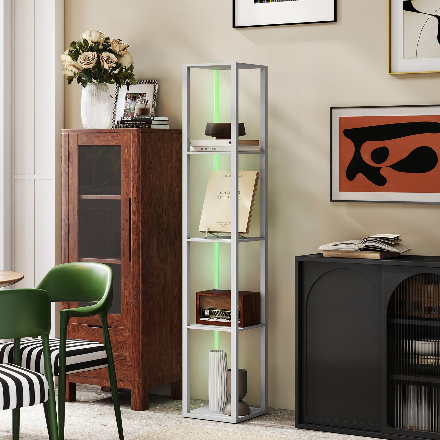 HOMCOM RGB LED Floor Lamp with Shelves, Modern Dimmable Standing Lamp with Remote Control, Adjustable Brightness & Speed for Living Room, Bedroom, Office, Grey