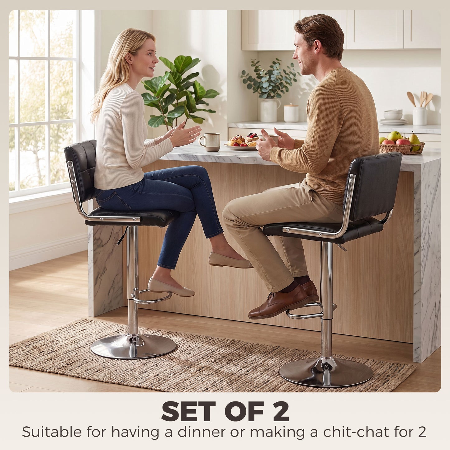 HOMCOM Bar Stools Modern PU Leather Adjustable Breakfast Bar Stools Backrest Set of 2 Black