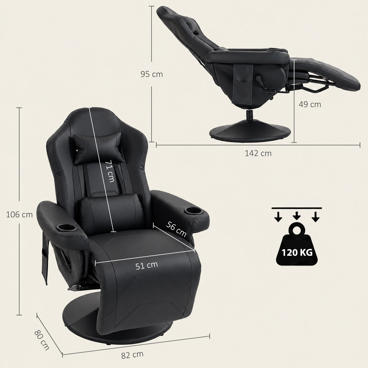 HOMCOM Manual Recliner Armchair PU Leather Lounge Chair w/ Adjustable Leg Rest, 135Â° Reclining Function, 360Â° Swivel, Black