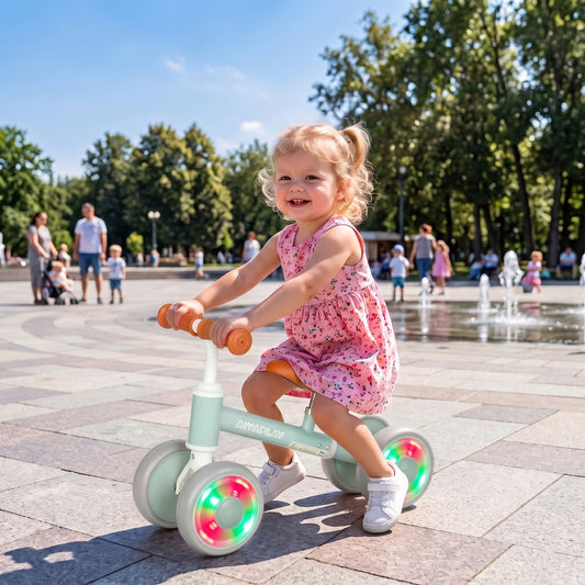 AIYAPLAY Baby Balance Bike for 1-2 Years Old, Light-up Toddler Balance Bike with Adjustable Seat, 4 Silent EVA Wheels, Green