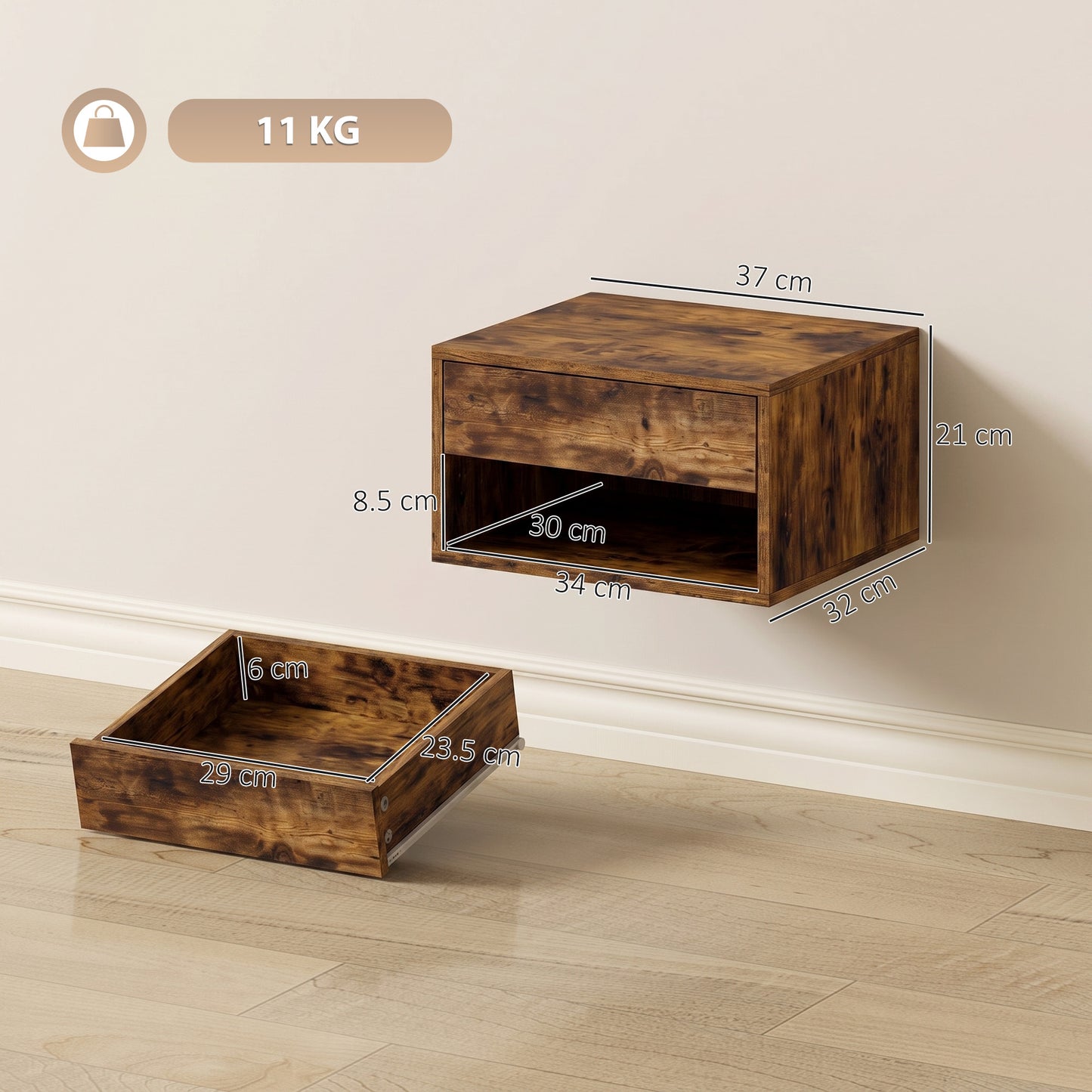 HOMCOM Set of Two Floating Bedside Tables - Rustic Brown