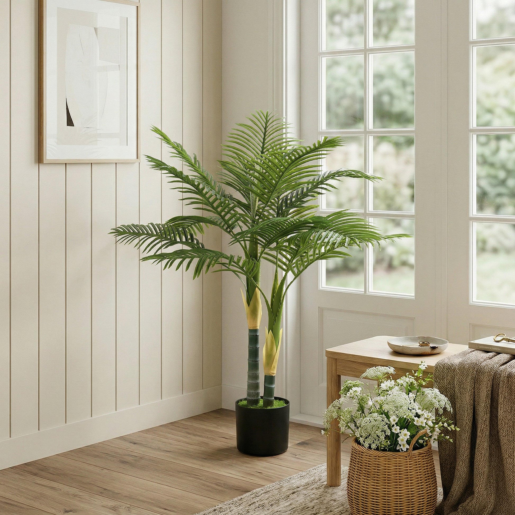 HOMCOM Artificial Palm Tree with 14 PEVA Leaves, 120cm Decorative Artificial Plant with Pot and Moss Effect, Green