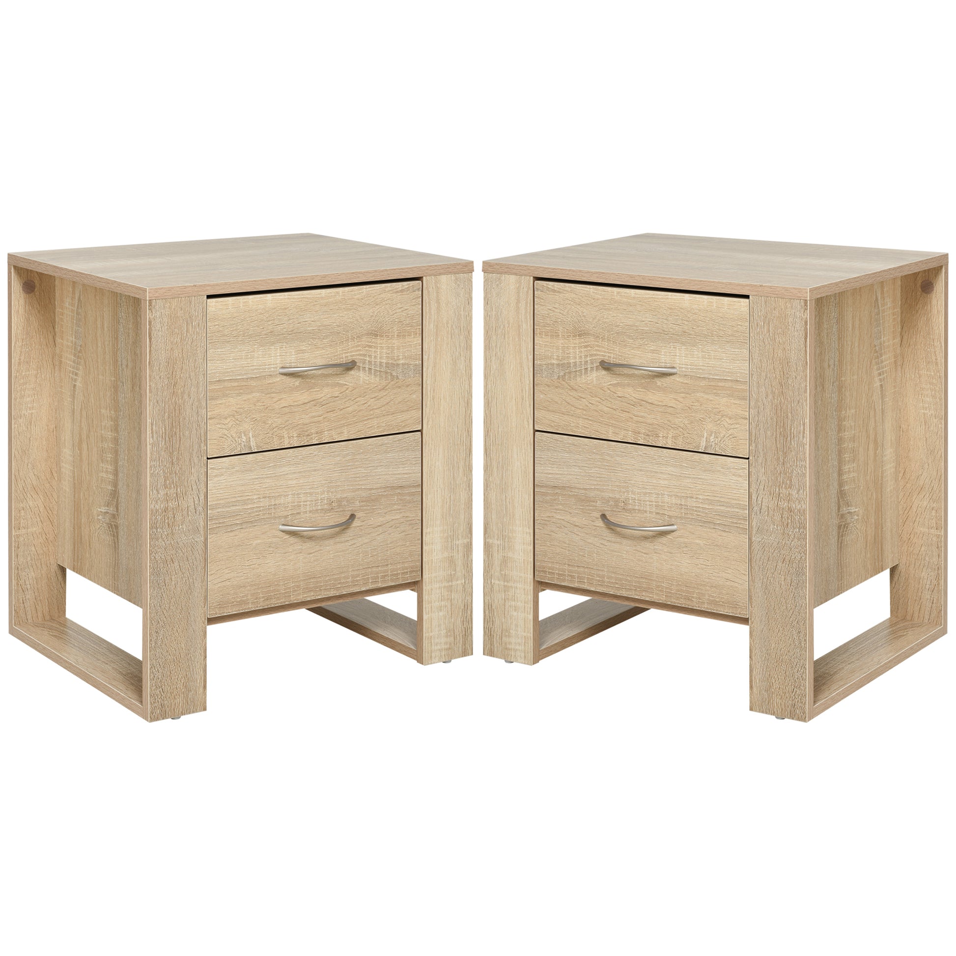 HOMCOM Bedside Table with 2 Drawers, Nightstand with Handles and Elevated Base, Side Table for Bedroom, Living Room, Set of 2, Brown