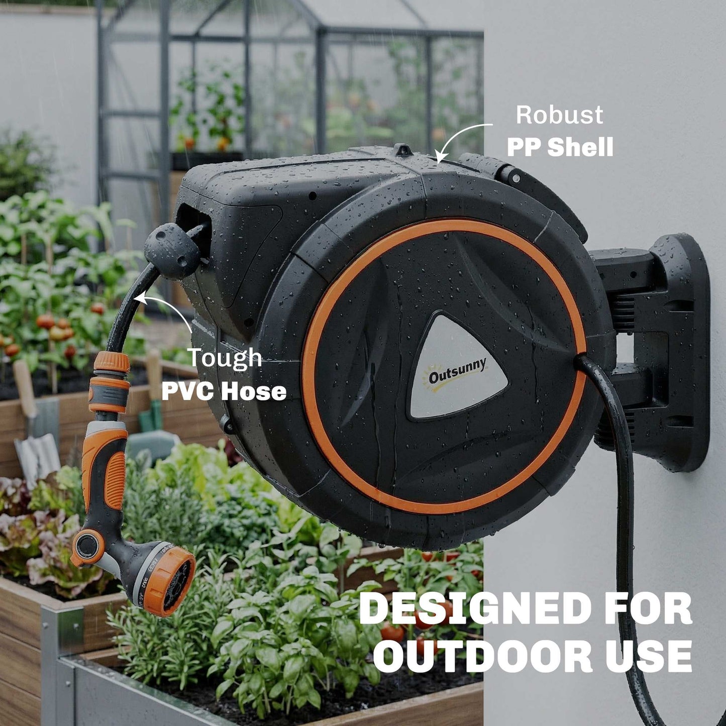 Outsunny 23+2m Retractable Hose Reel Wall Mounted with Auto Retraction, Self-Locking, Slow Return System, 12-Pattern Nozzles