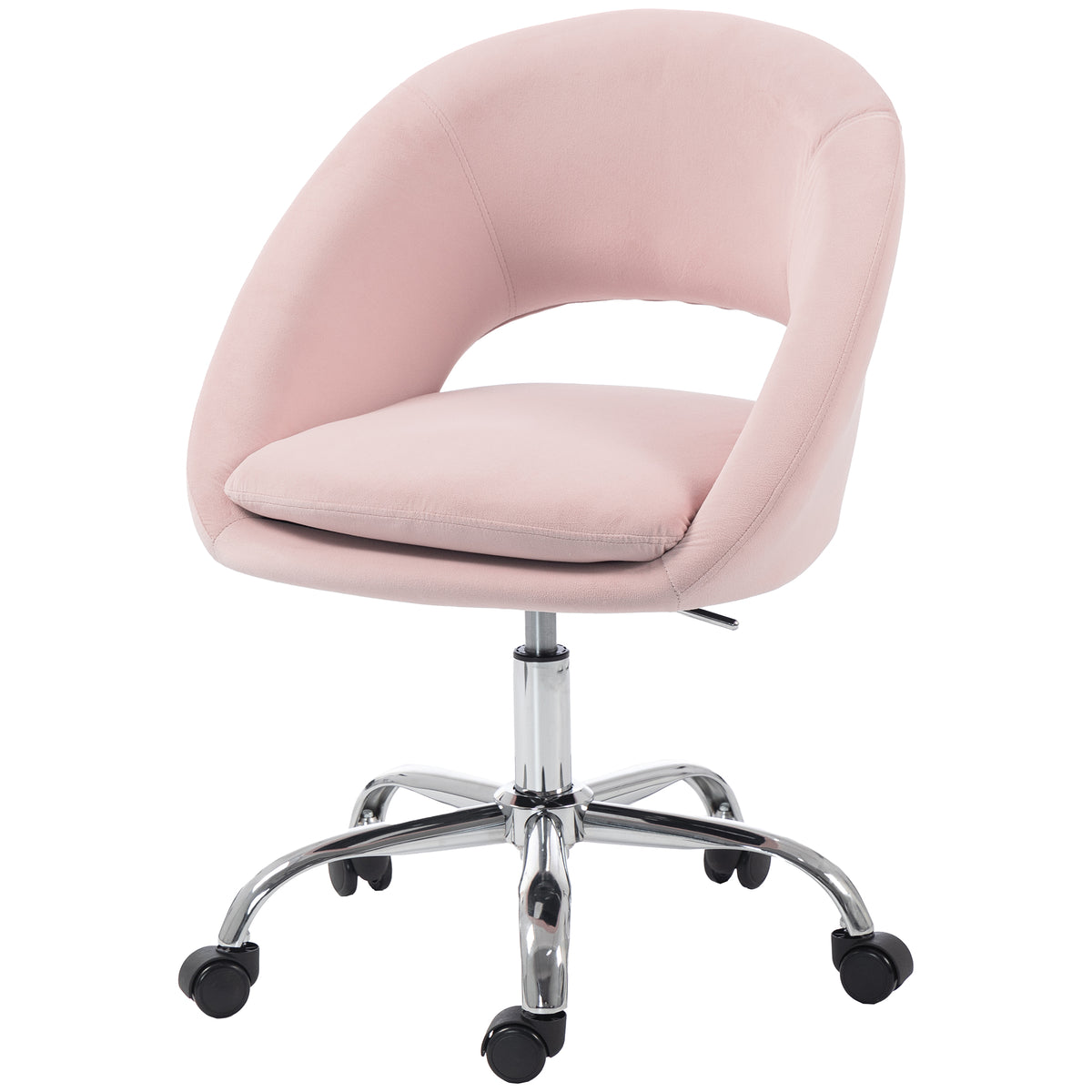 HOMCOM Velvet Desk Chair, Modern Office Chair with Height-Adjustable, Wheels, for Home Study Bedroom, Pink