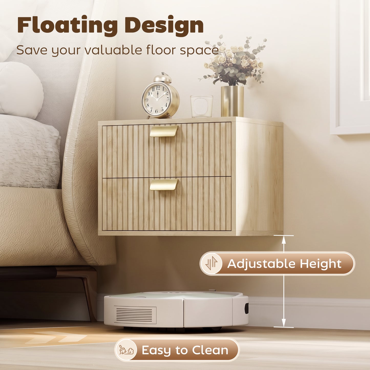HOMCOM Modern Floating Nightstands Set of 2, Wall Mounted Bedside Tables with 2 Drawers, Oak