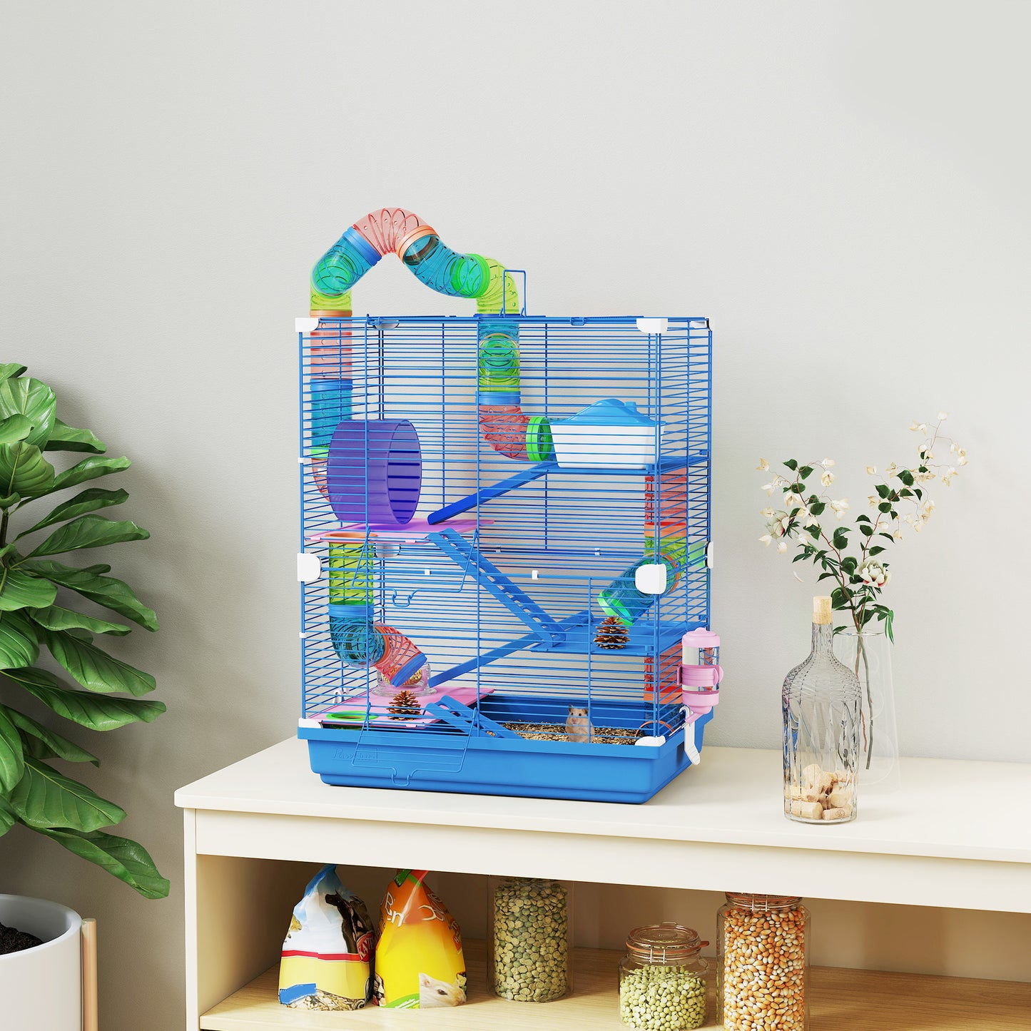 PawHut 5 Tier Hamster Cage Carrier Habitat w/ Exercise Wheels, Tunnel, Blue