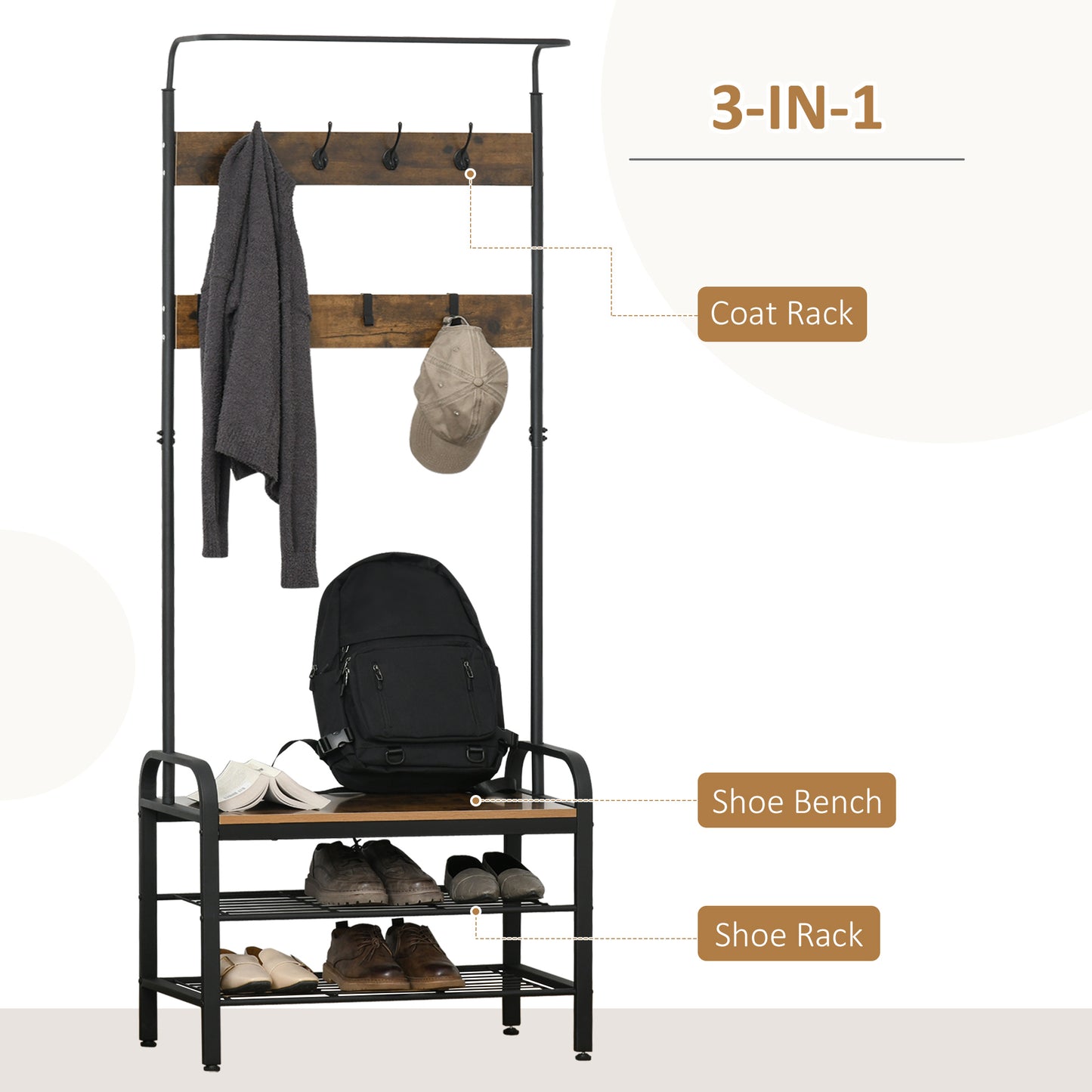 HOMCOM Coat Rack Stand Industrial hallway Shoe Rack Removable Hooks Metal Wood Hangers Storage Cabinet Rustic Brown 72LÃ—34WÃ—185H(cm)