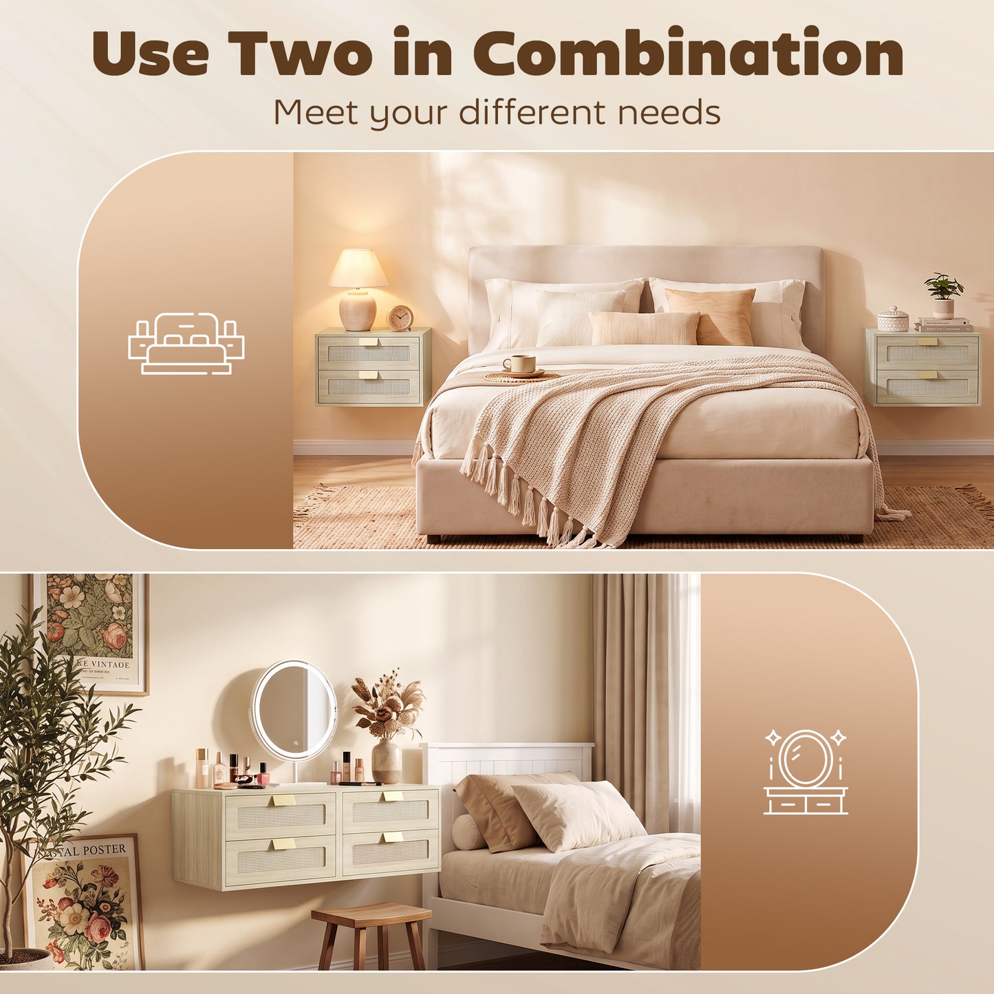 HOMCOM Modern Floating Nightstands Set of 2, Wall Mounted Bedside Tables with 2 Drawers, Oak
