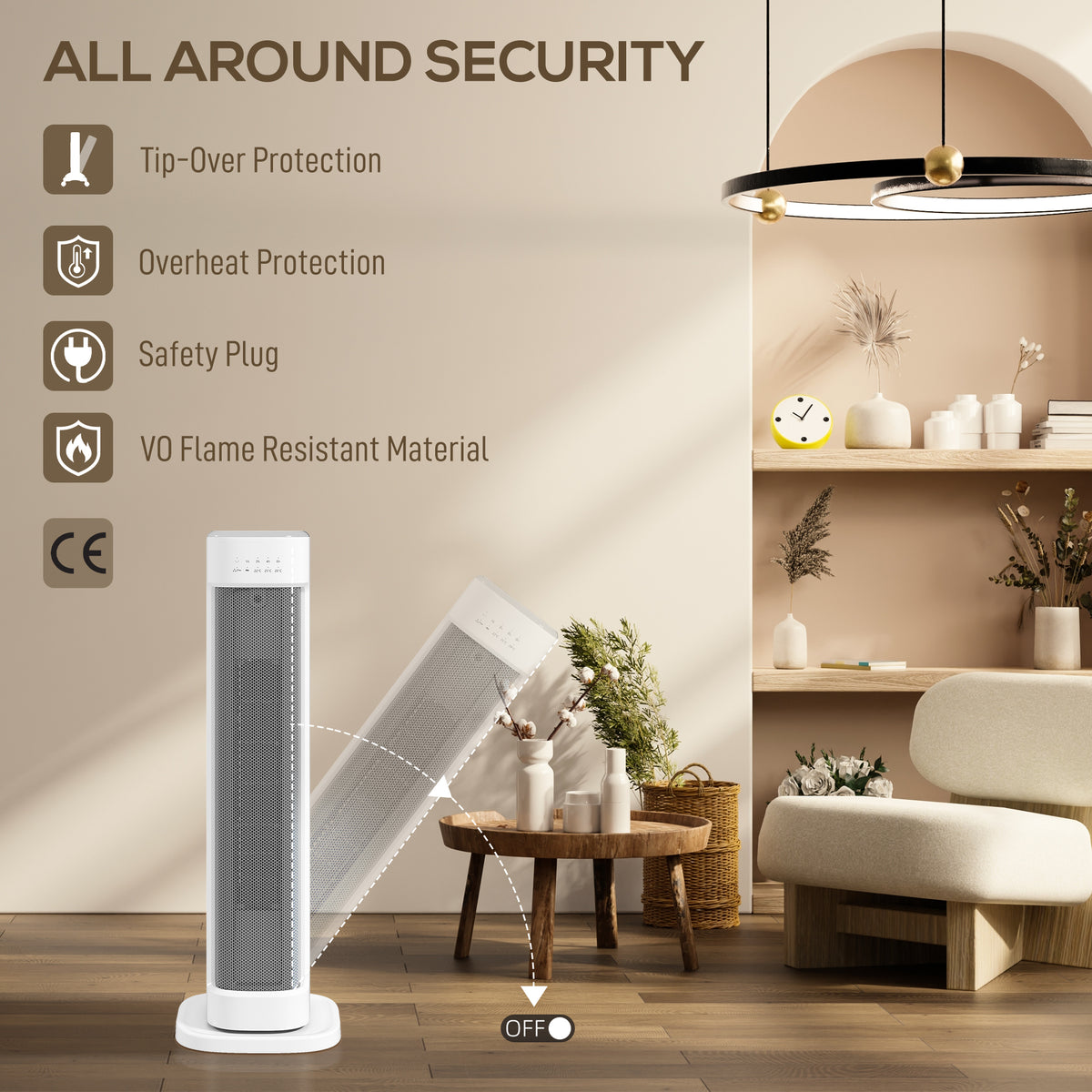 HOMCOM 2000W Ceramic Electric Heater with 3 Heat Settings, Timer - White
