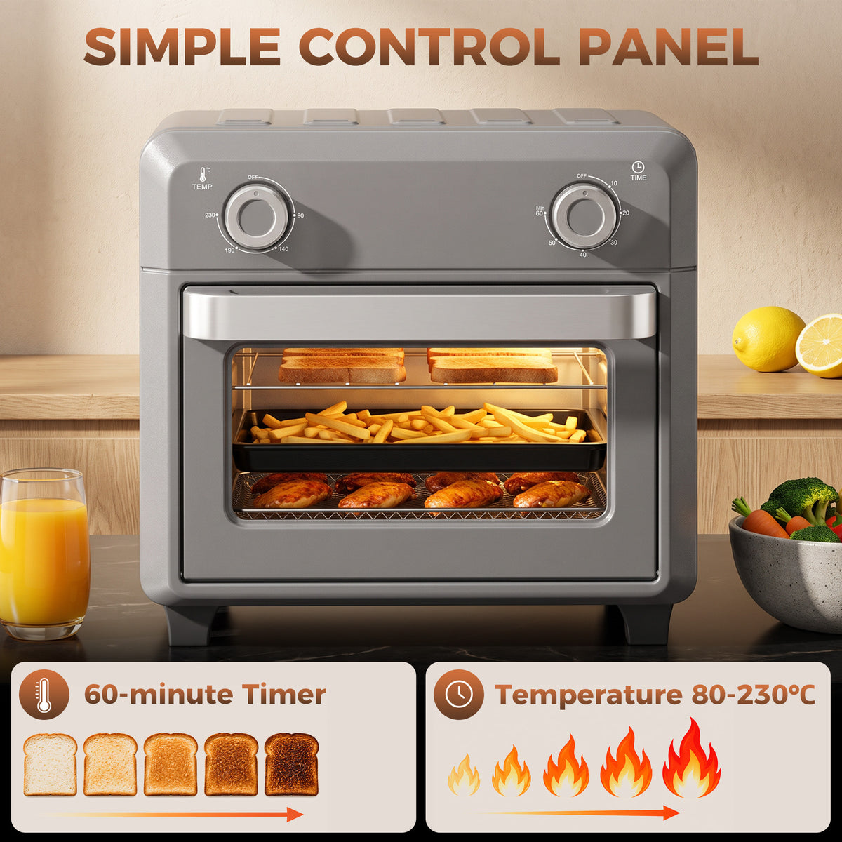 HOMCOM 10L Air Fryer Oven, Mini Oven, Grill, Roast, Bake, with Adjustable Temperature, Timer, 1000W, Grey