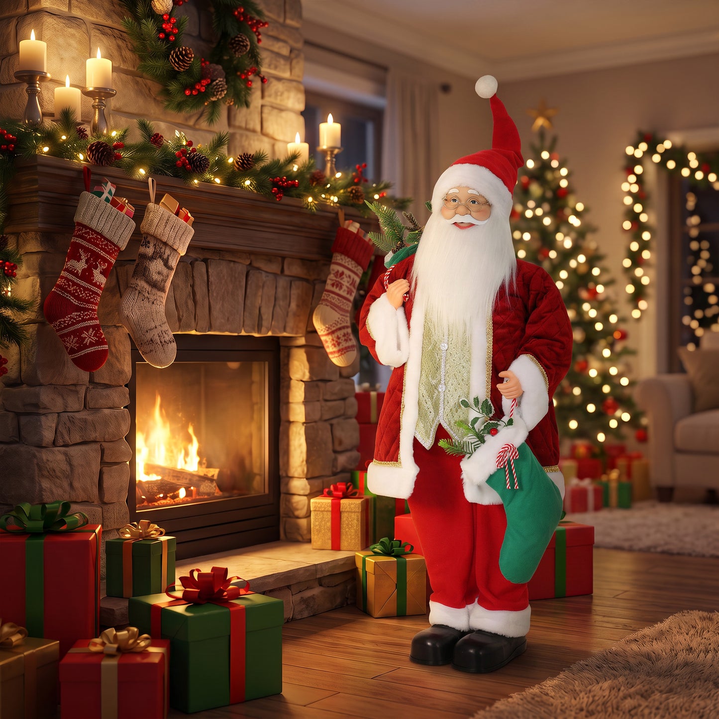HOMCOM 4ft Life Size Singing Dancing Santa Claus, 120 cm Standing Musical Animated Santa with Stocking, Sack, Posable Arms, Handcrafted, Sound Touch Activated, Moving Christmas Figure Decor