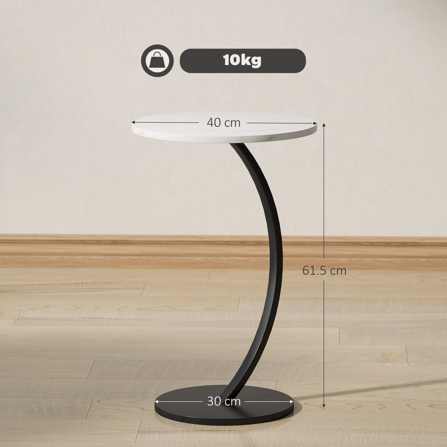 HOMCOM C Shaped Side Table, Round Bedside Table with Marble Effect Top, Modern Coffee Table Sofa End Table with Metal Frame for Living Room Bedroom Office, White