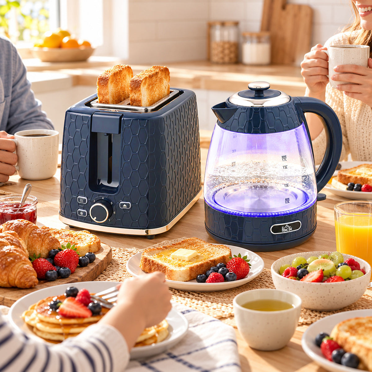 HOMCOM Kettle and Toaster Set, 1.7L 3000W Rapid Boil Jug Kettle with Limescale Filter, 2 Slice Toaster, Blue