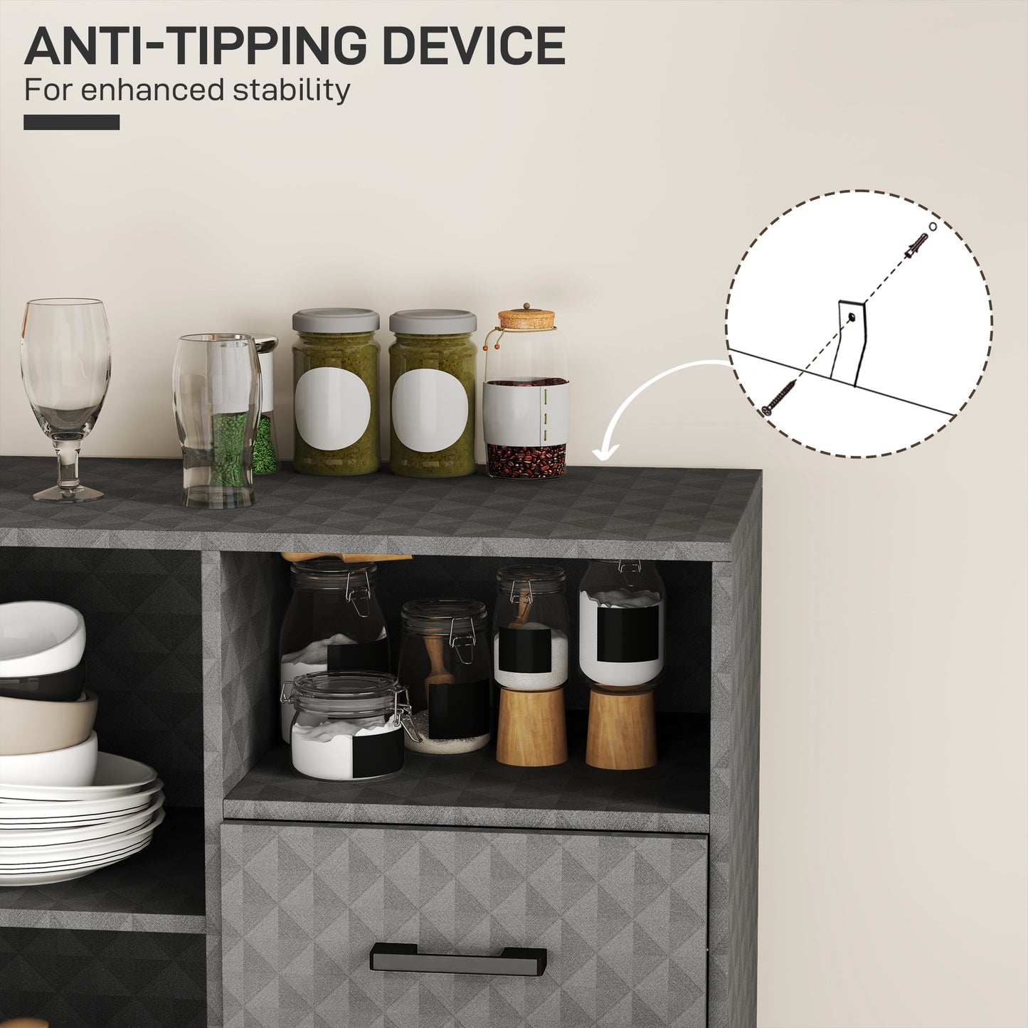 HOMCOM Sideboard with Adjustable Shelf, Freestanding Sideboard Storage Cabinet with Open Compartment and 2 Drawers, Grey