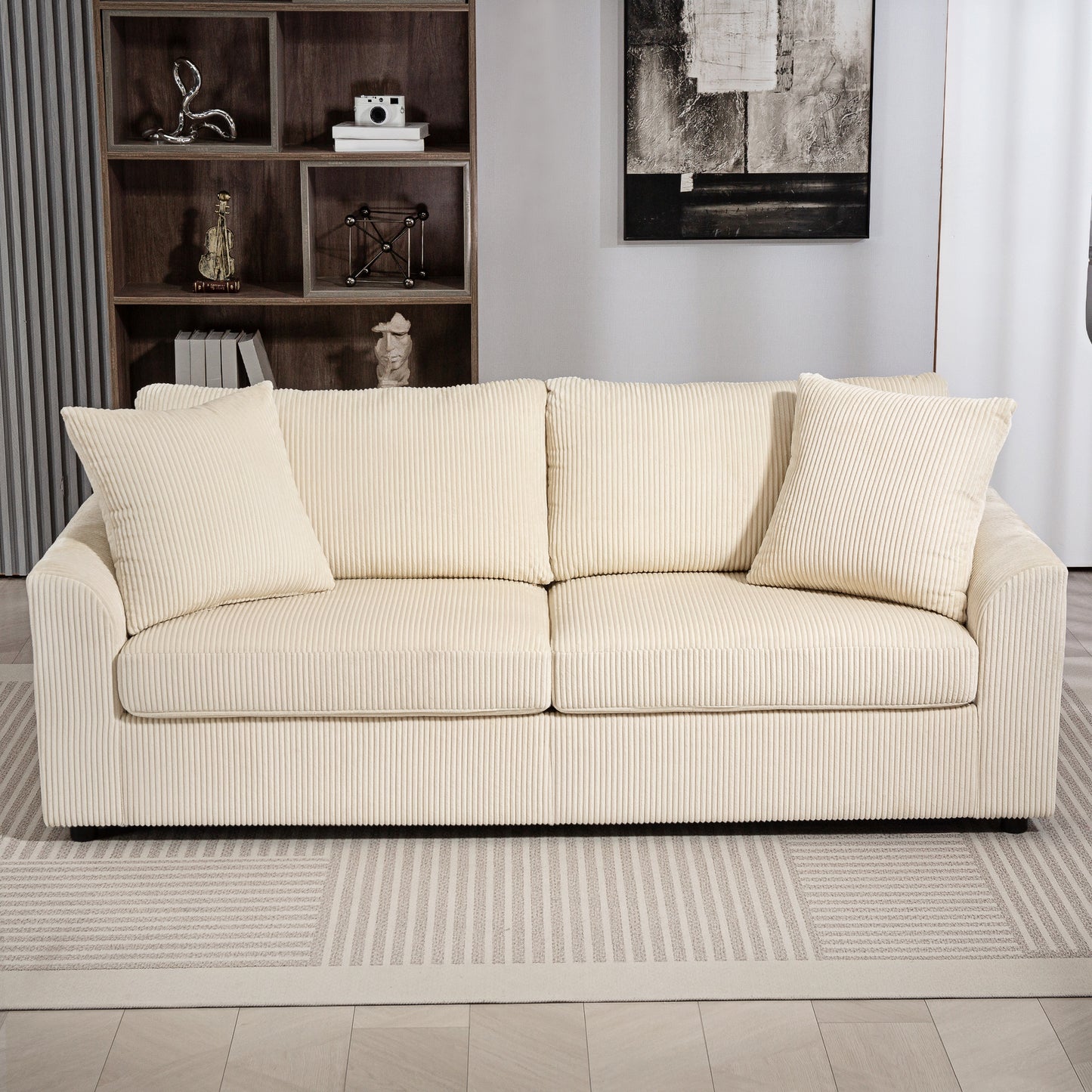 HOMCOM Modern 3 Seater Sofa with Spring Cushion, 212 cm Fabric Jumbo Cord Sofa Couch with 2 Scatter Cushions, Upholstered Corduroy Settee for Living Room, Bedroom, Home Office, Cream White