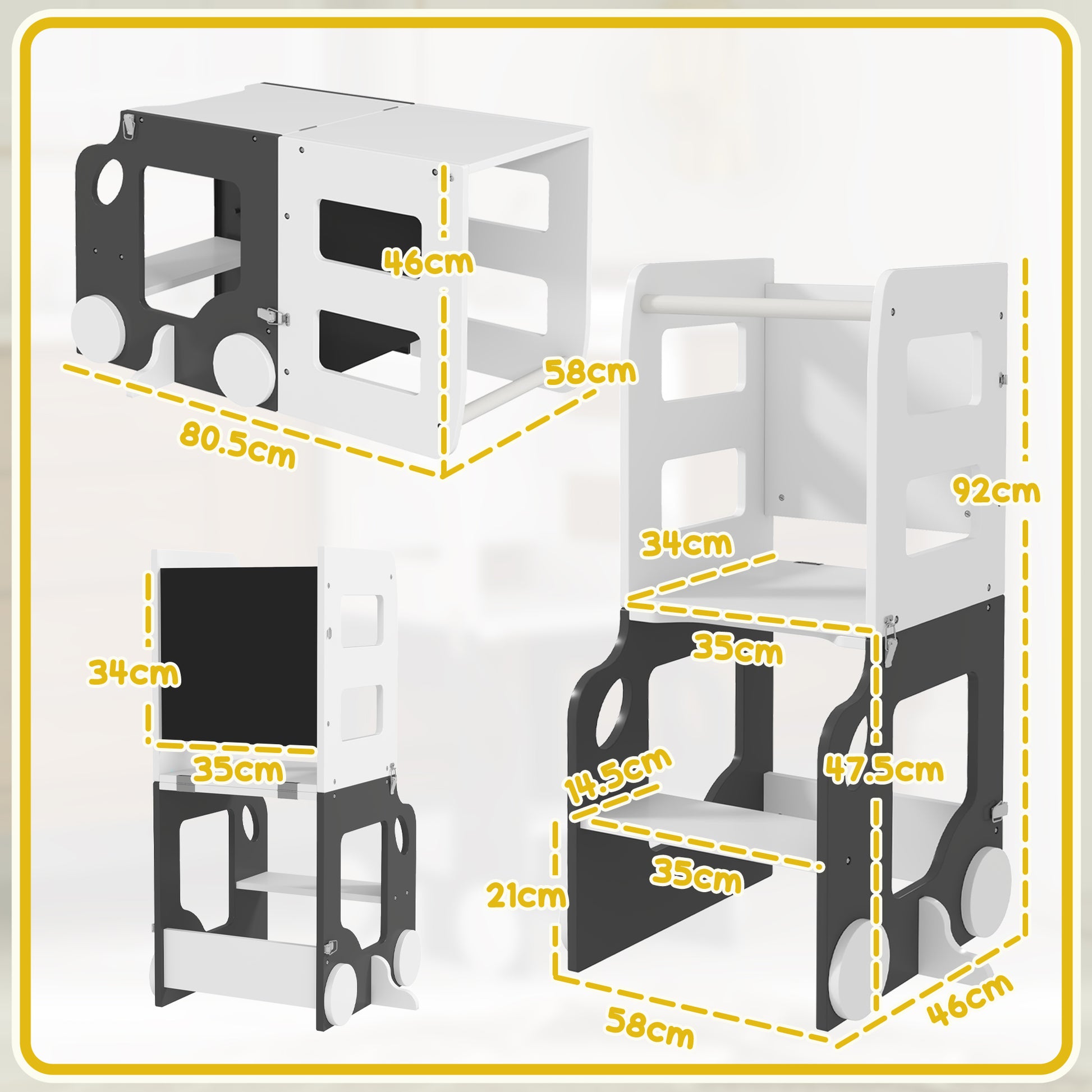 AIYAPLAY Toddler Step Stool, 4 in 1 Standing Tower, Foldable Toddler Step with Safety Rail, for Kitchen, Bathroom, Grey