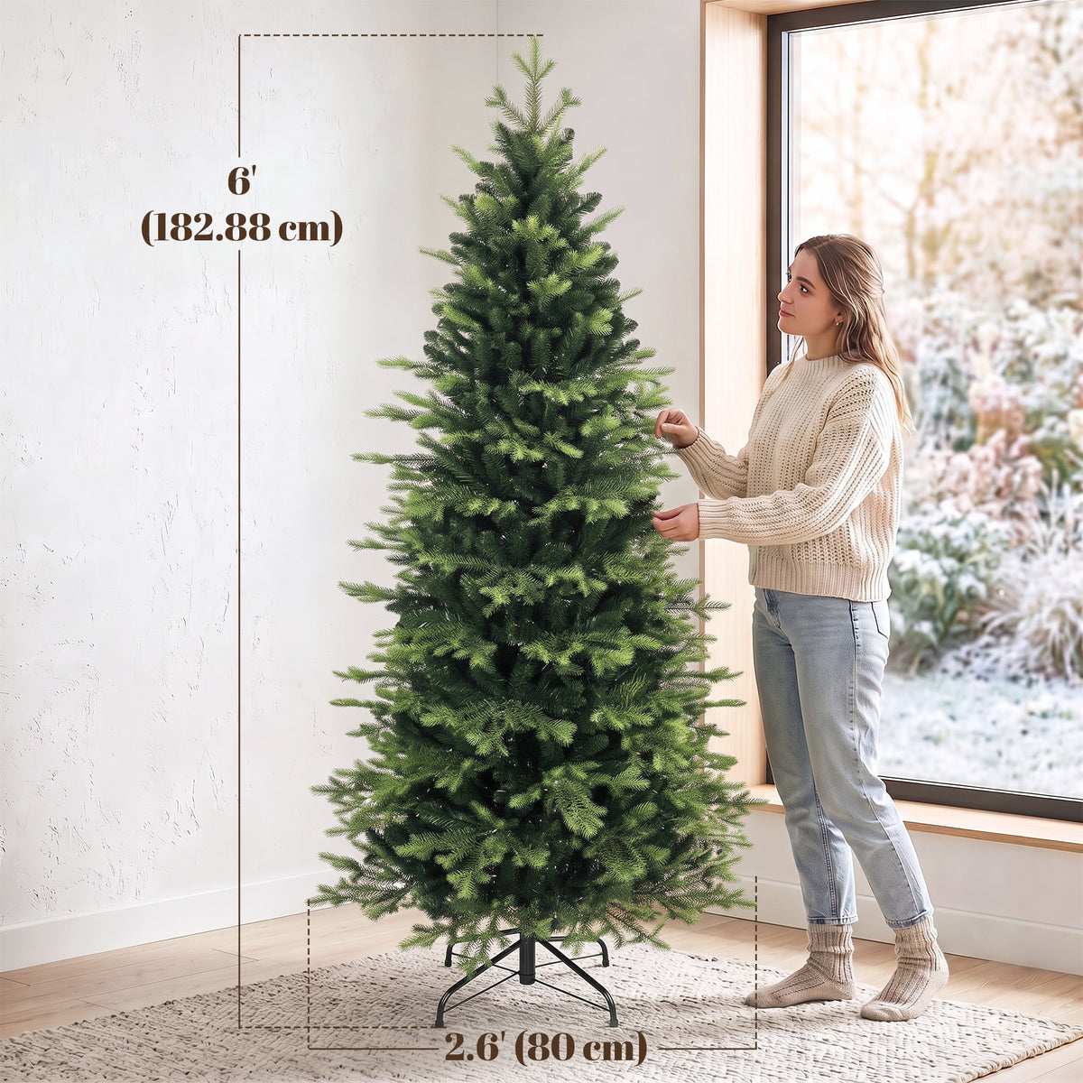HOMCOM Geneva Fir Hinged Xmas Tree, 6ft/180cm Artificial Christmas Tree with 1610 Branch Tips, Foldable Steel Stand, Green
