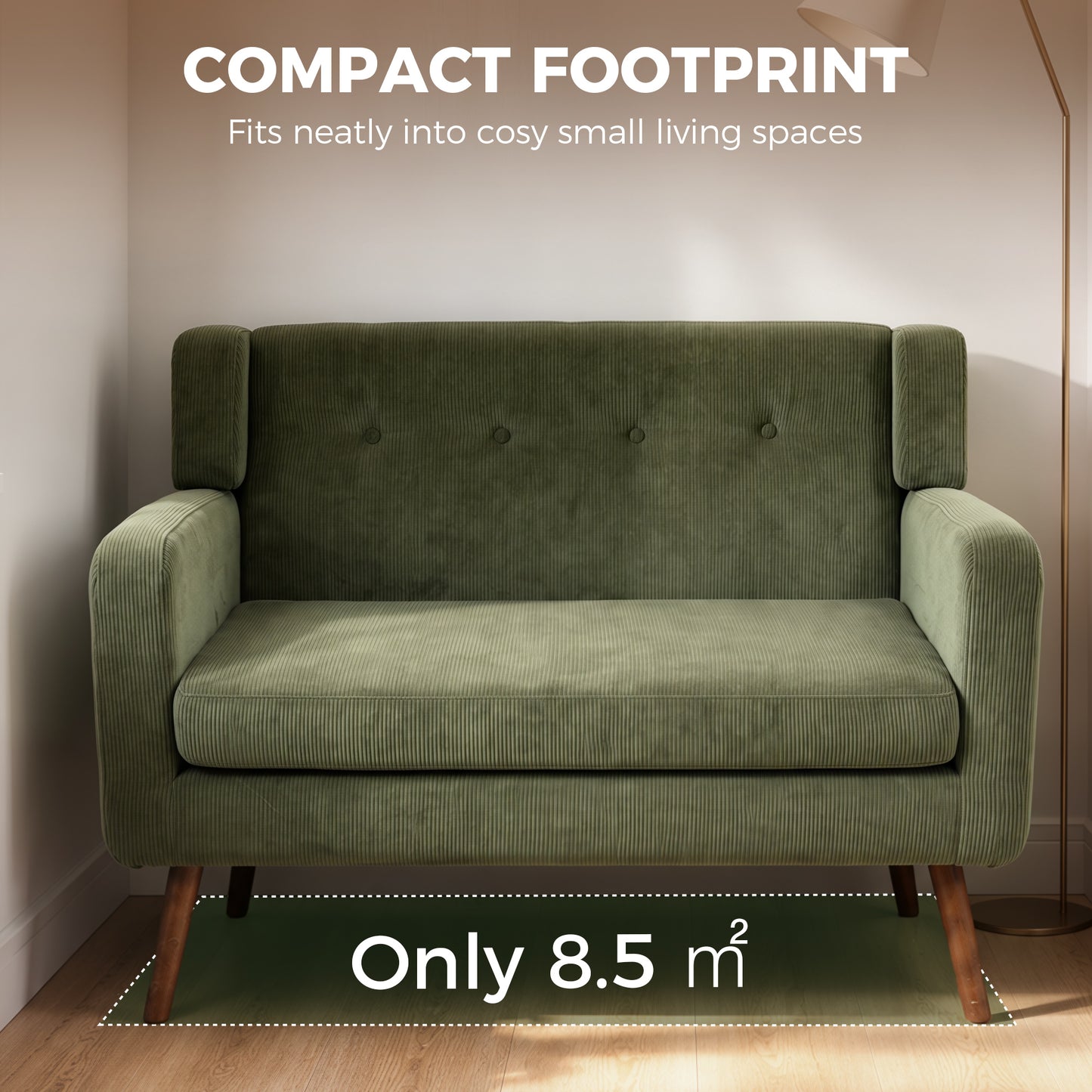 HOMCOM 2 Seater Sofa, 118 cm Corduroy Small Loveseat with Spring Cushion, Wood Legs for Small Space, Living Room, Dark Green