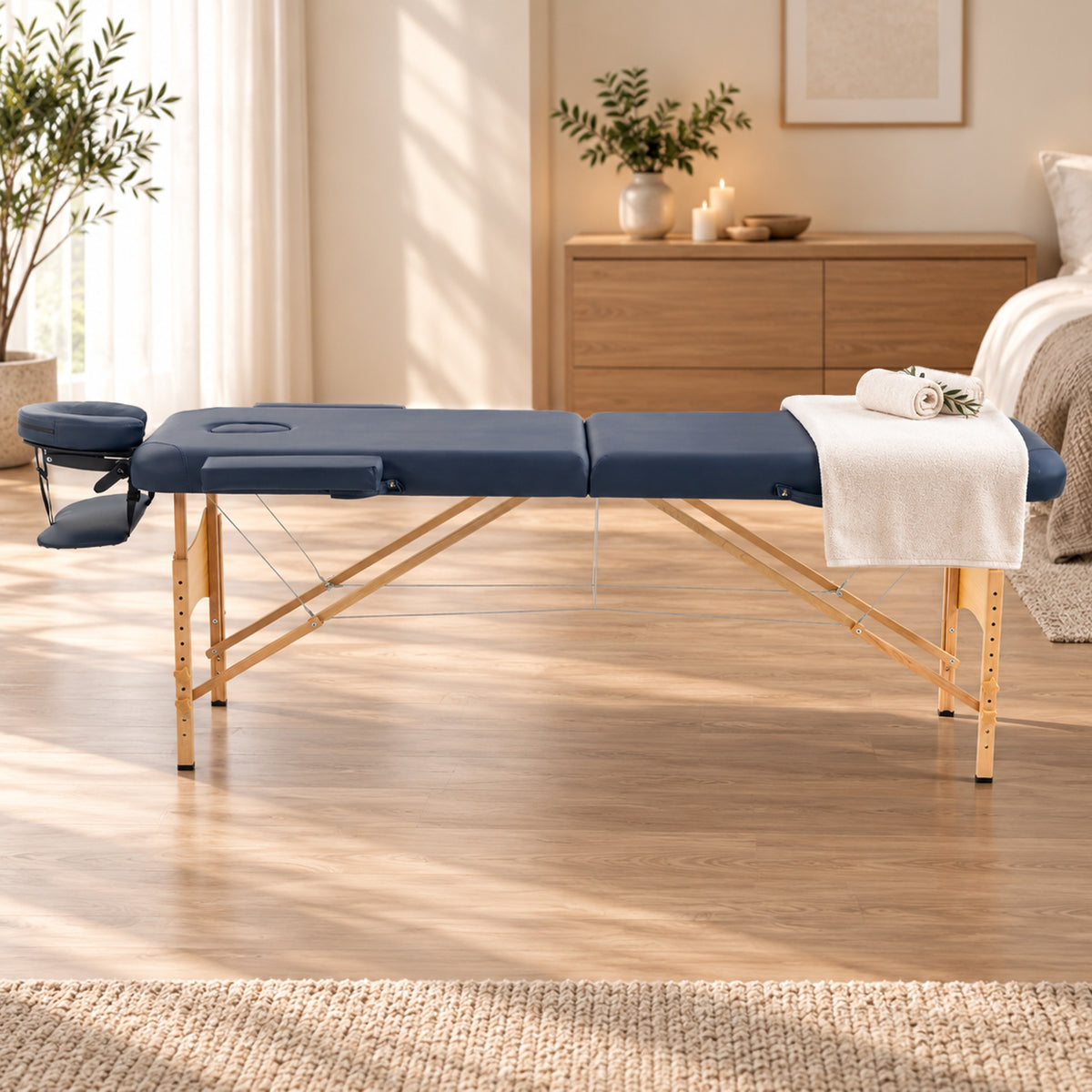 HOMCOM Portable Massage Bed, Folding Spa Beauty Massage Table with 2 Sections, Carry Bag and Wooden Frame, Dark Blue