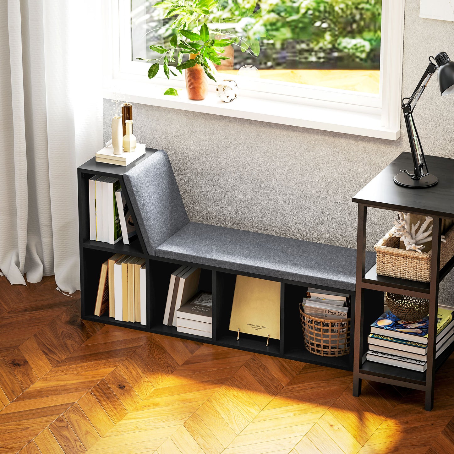  this bookcase allows you can sit there when you're reading or having a rest. It can also work as a storage unit or a display cabinet in your study